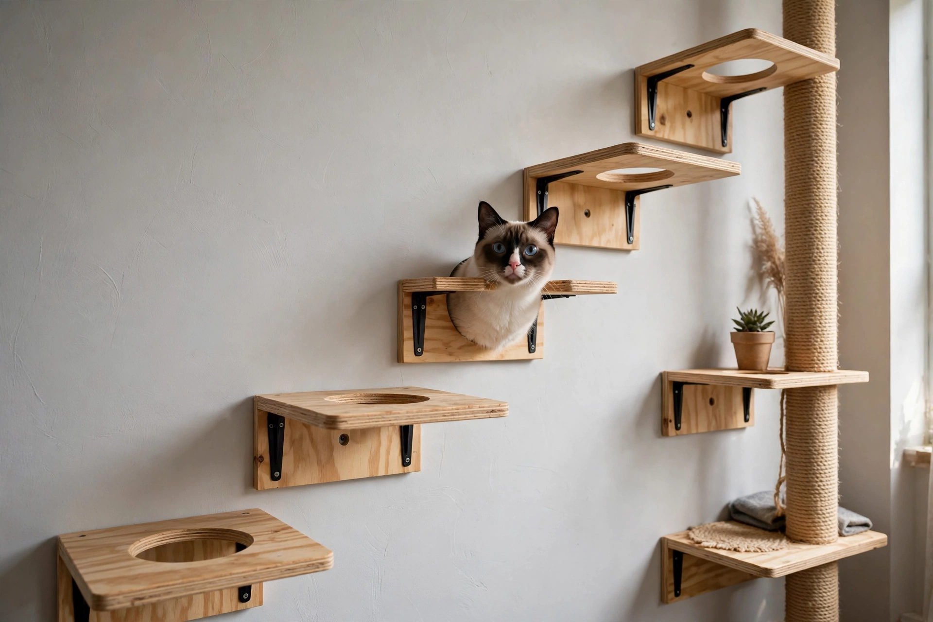 Cat wall platforms with circular cutout climbing steps