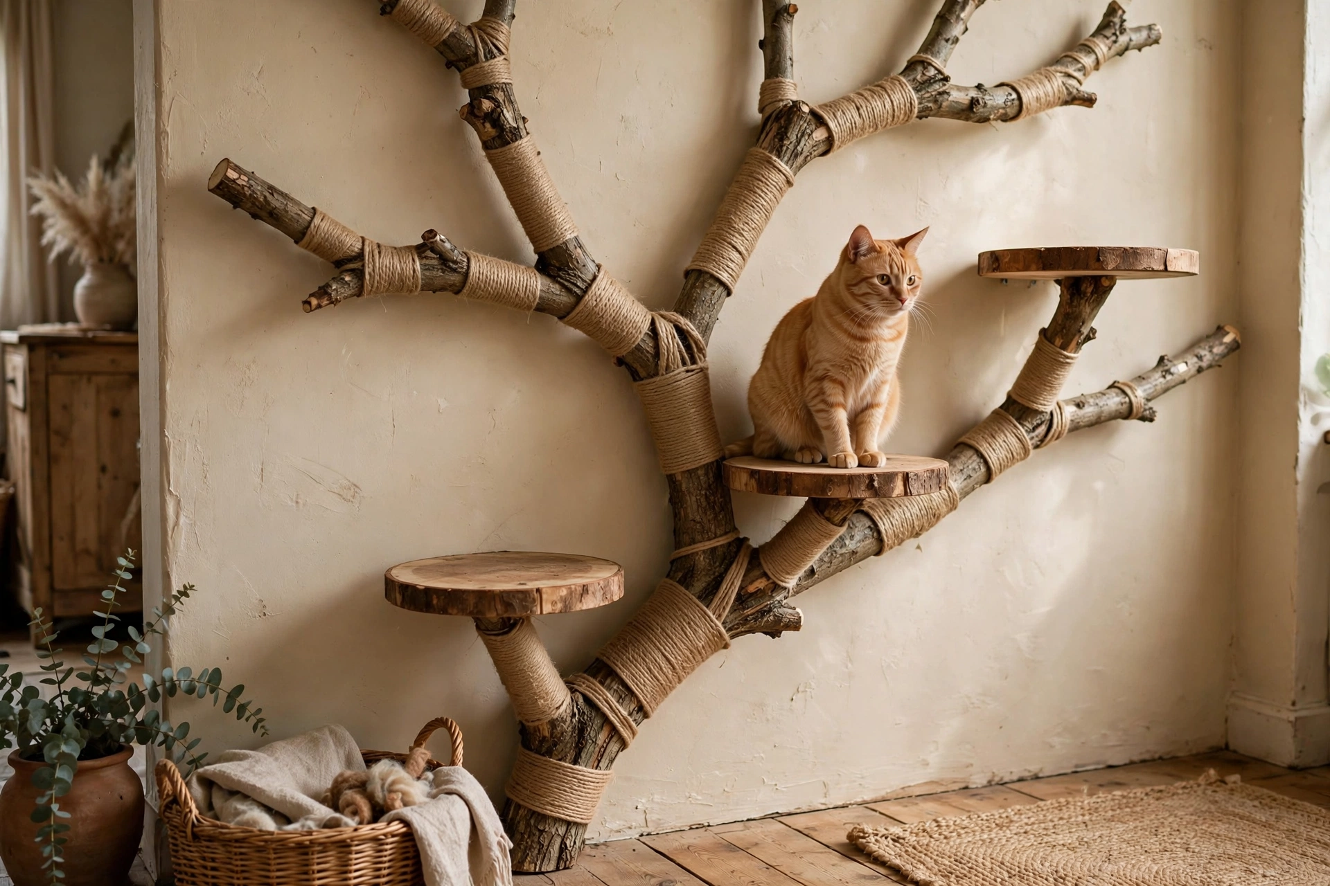 Natural tree branch cat climbing wall with round wooden platforms