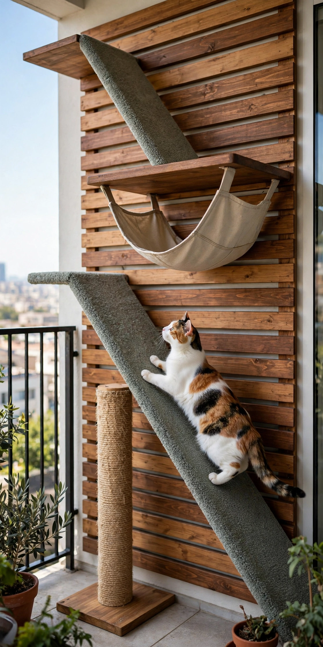 Cat wall gym with wooden backing board, ramps and a hammock
