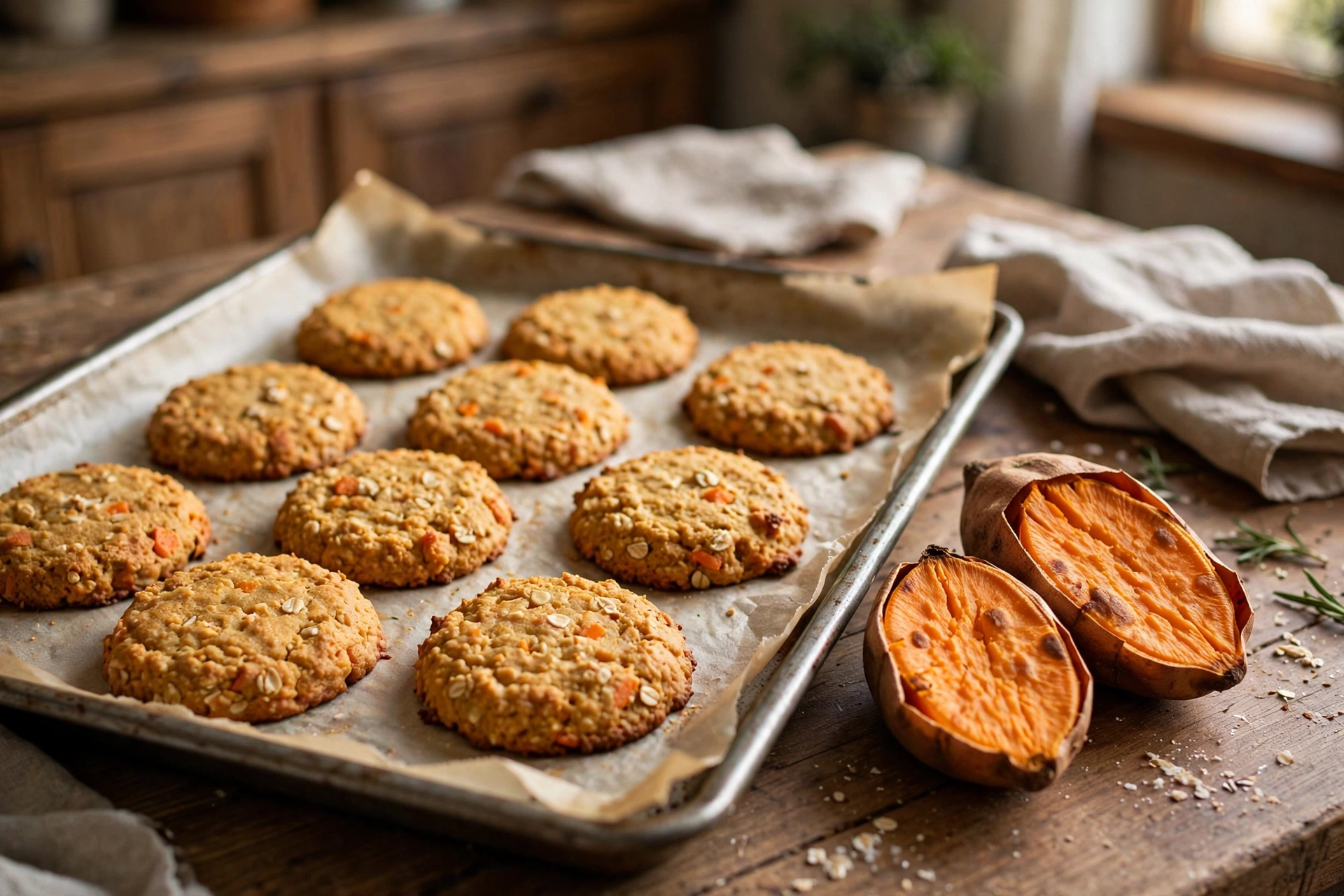 Golden sweet potato dog cookies cooling on a parchment-lined baking sheet next to roasted sweet potato halves