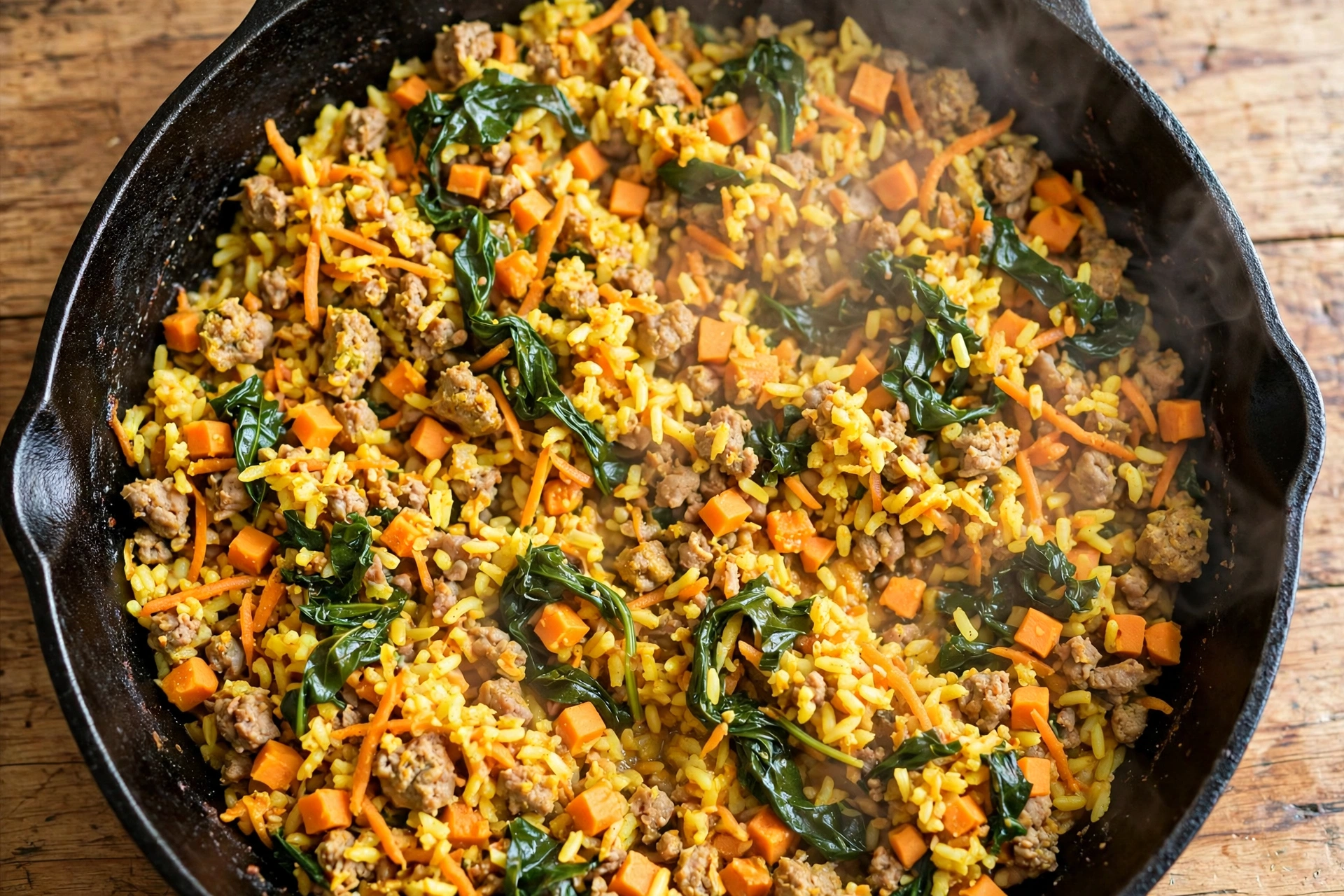 Golden turkey and sweet potato stovetop dog food with oats in a cast iron skillet