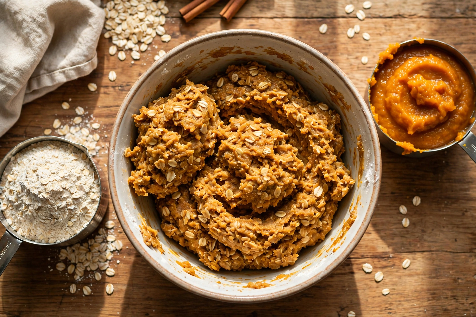 Mixing bowl of pumpkin oat dough with oat flour and pumpkin puree beside it