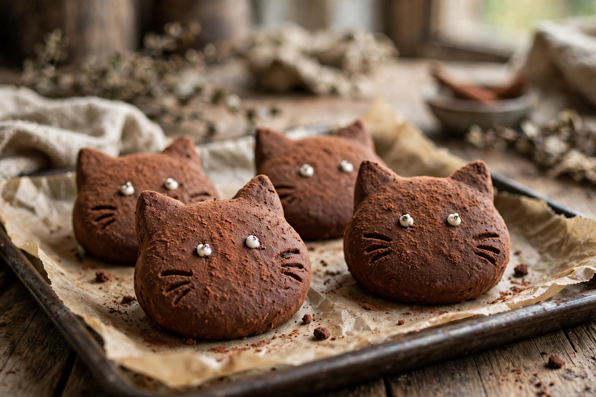 Chocolate brown cat head cookies with cocoa-dusted faces and white icing eyes