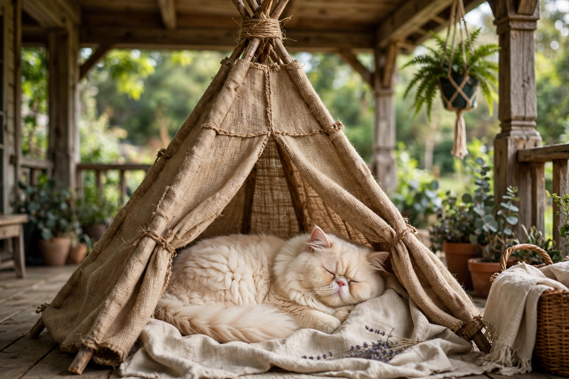 Cream Persian cat napping inside a rustic burlap sack teepee tent on a porch