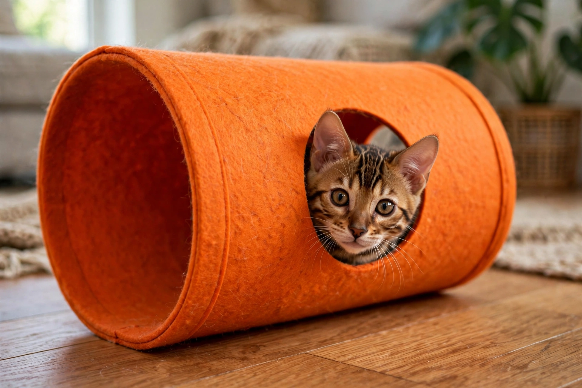 Bengal kitten poking its head through the peekaboo window of an orange felt tunnel tent