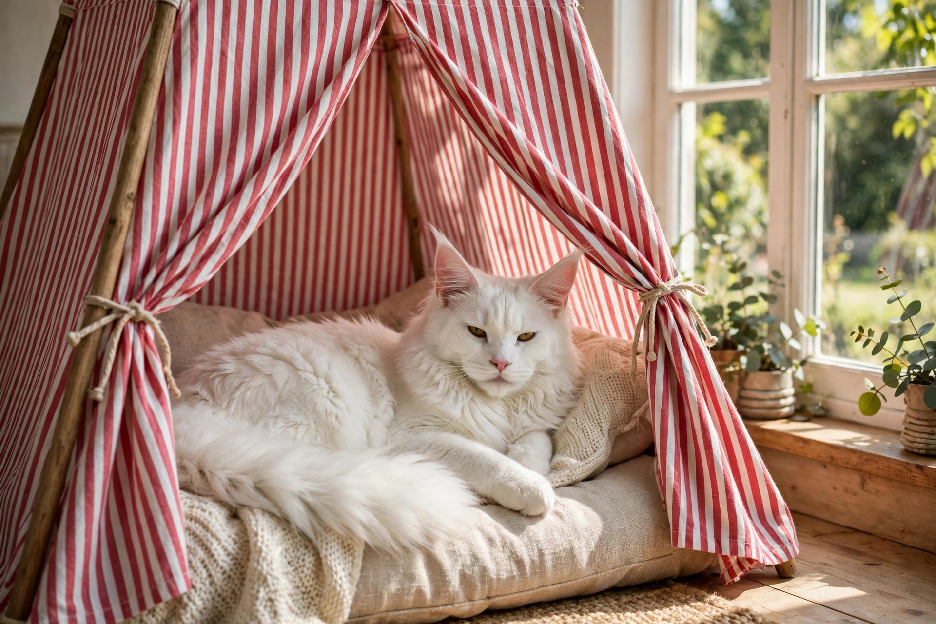 White Maine Coon cat lounging inside a striped red and white canopy tent by a sunny window