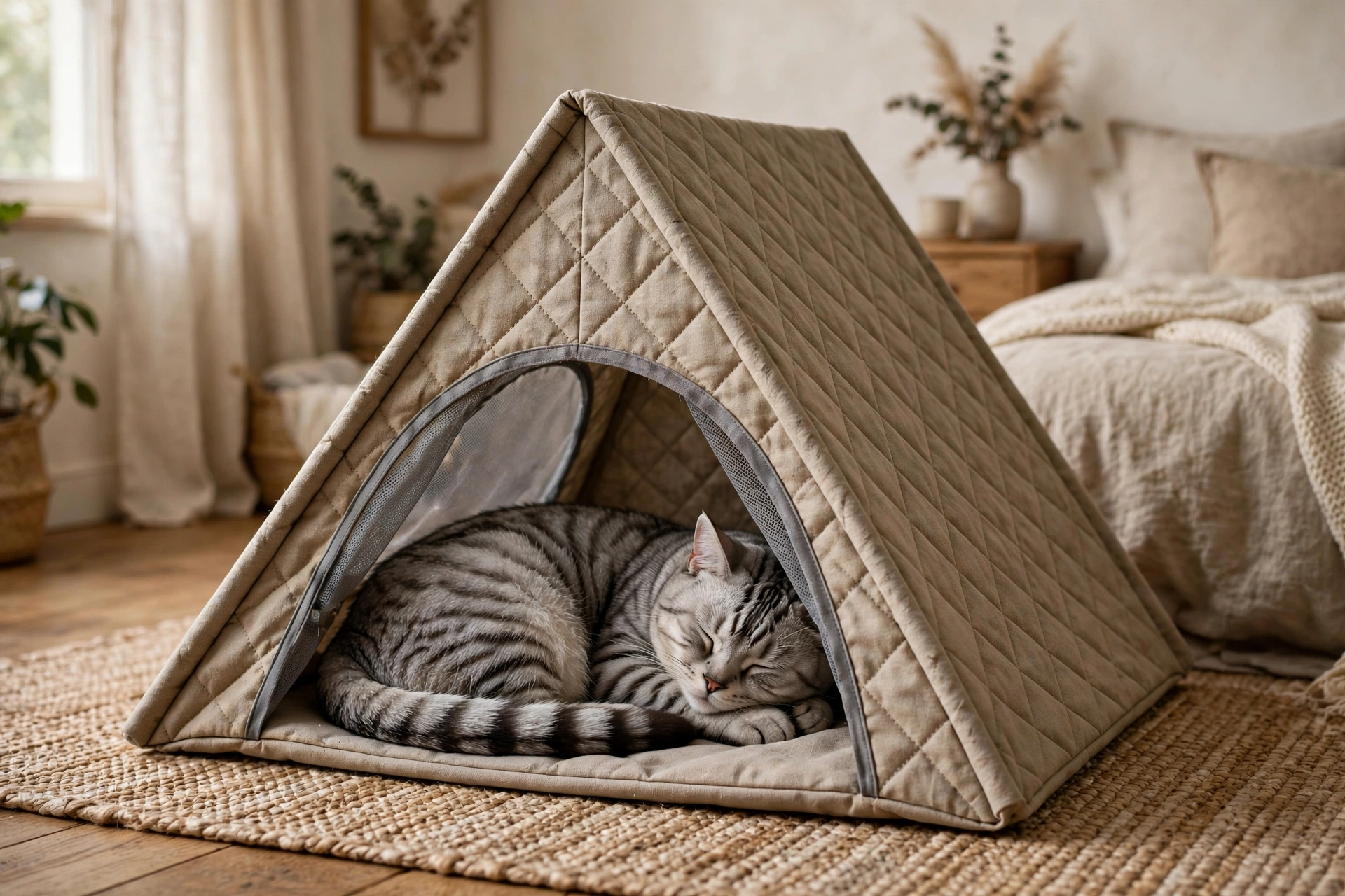 Silver tabby cat curled up inside a quilted diamond-pattern canvas A-frame tent with a mesh doorway