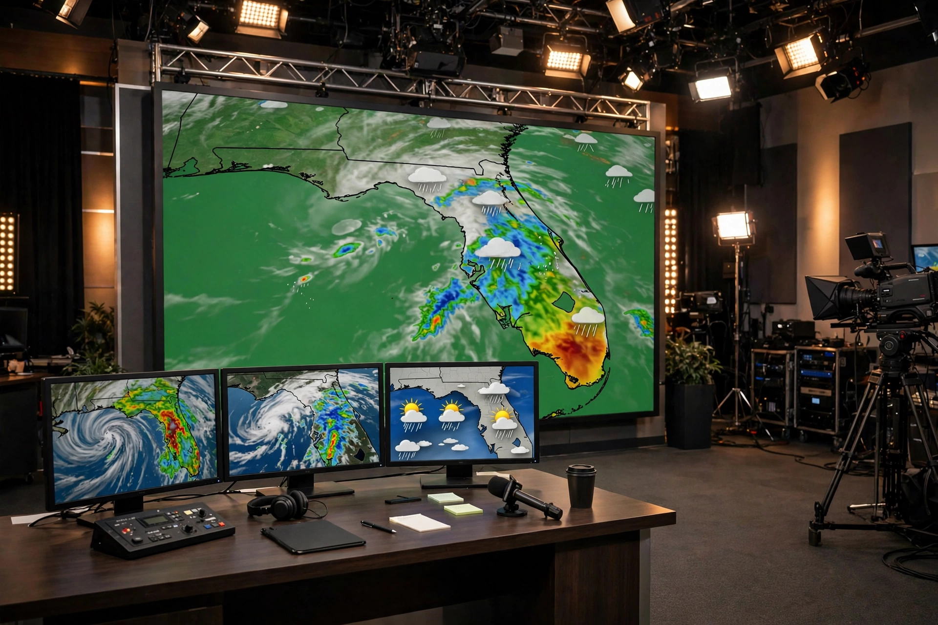 Television studio set during a live weather forecast broadcast
