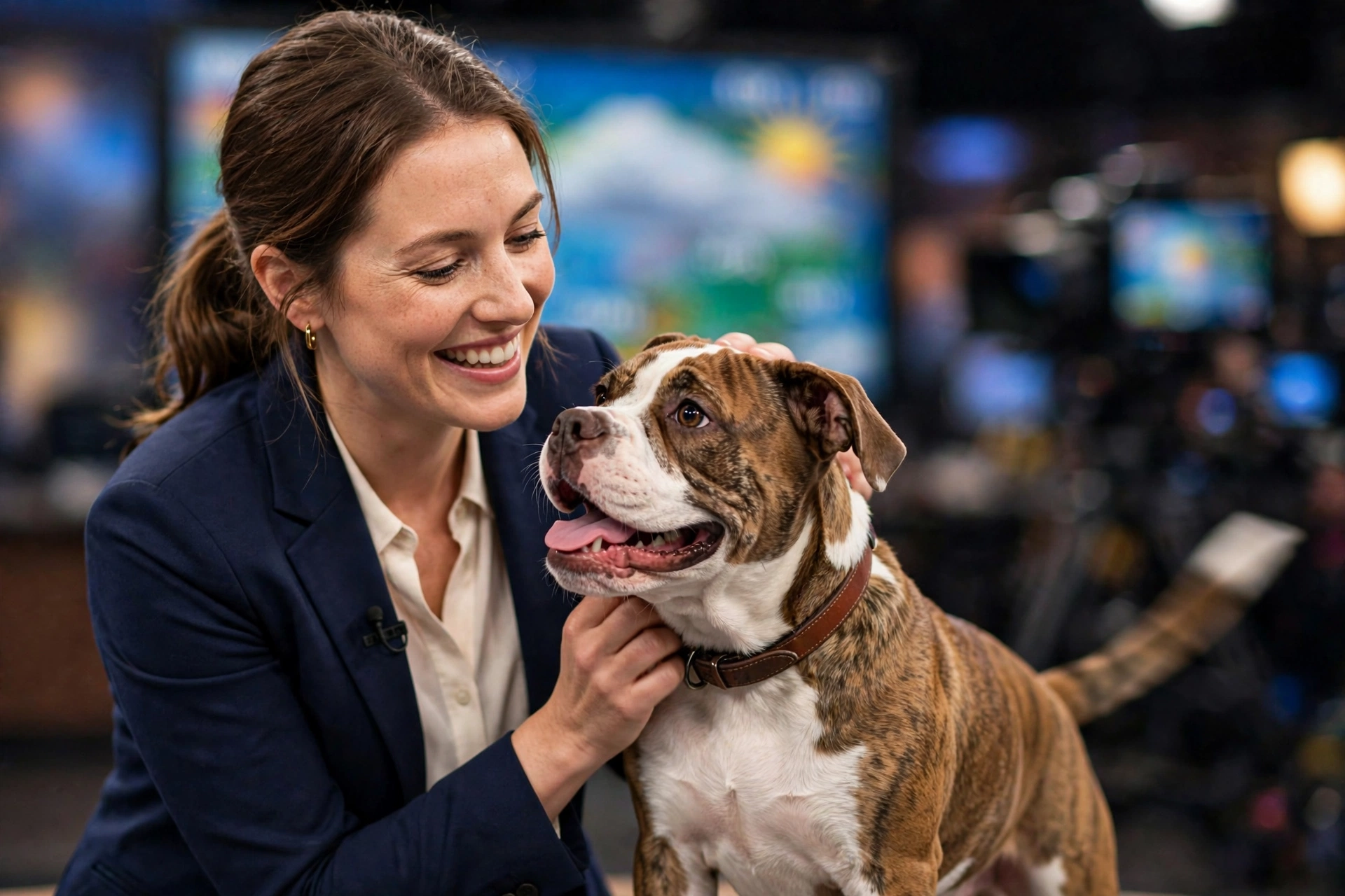 Happy adoptable dog getting attention from a smiling TV weather presenter