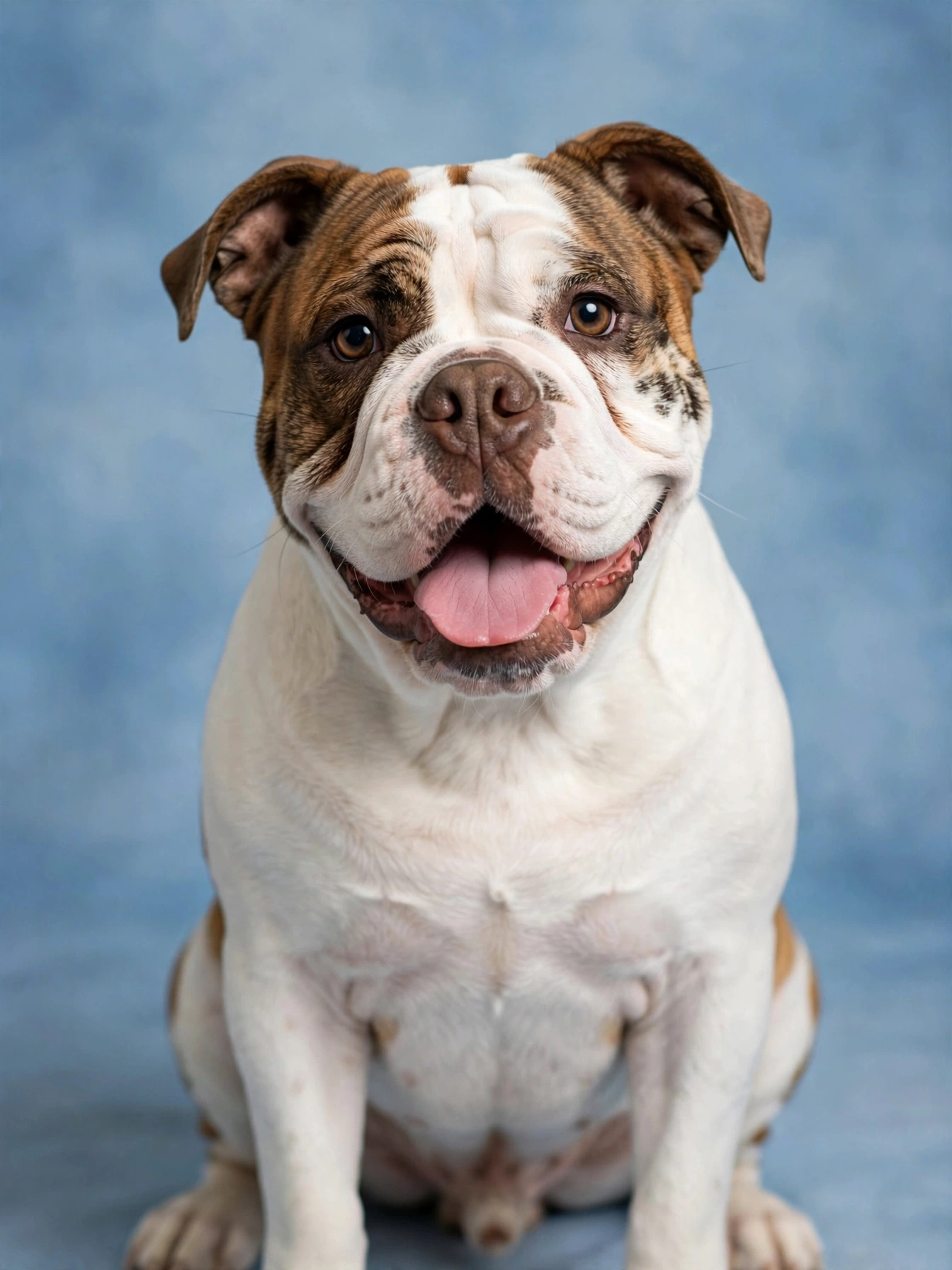 Smiling adoptable bulldog mix posing for his adoption photo at a rescue shelter