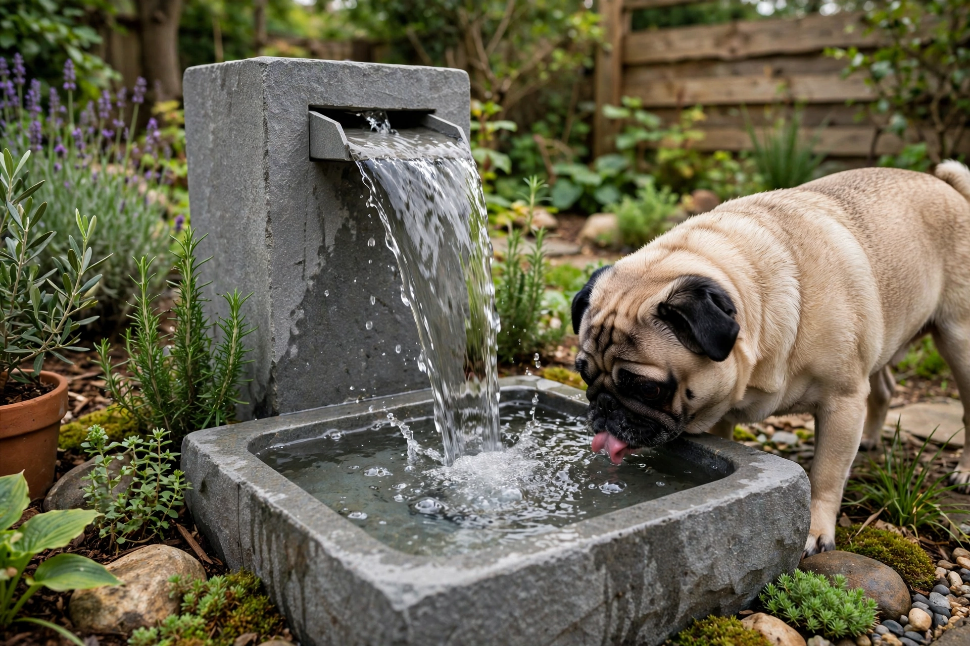 Pug drinking from a stone pet water fountain in a landscaped backyard