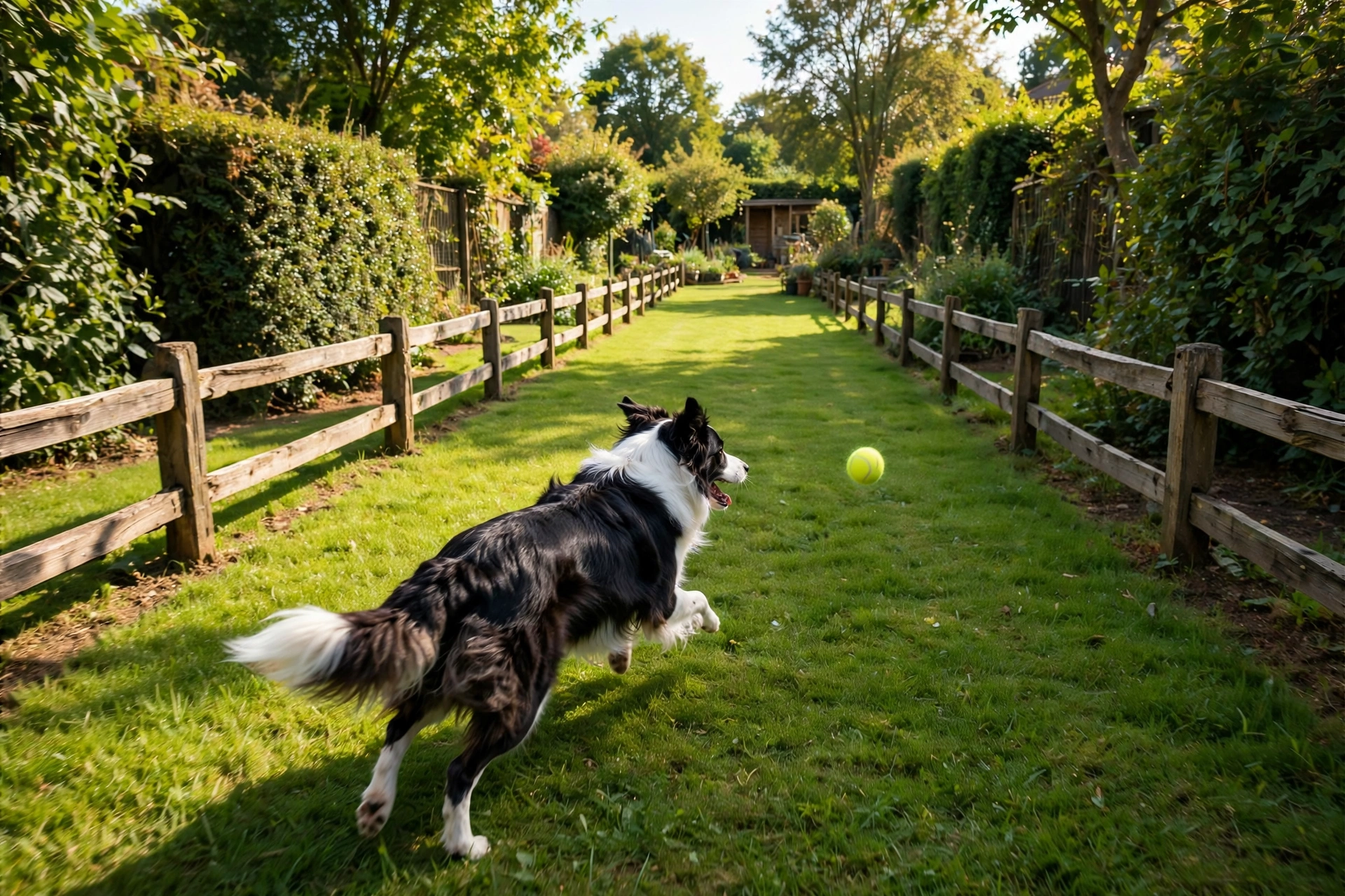 Border collie sprinting after a tennis ball in a backyard fetch alley