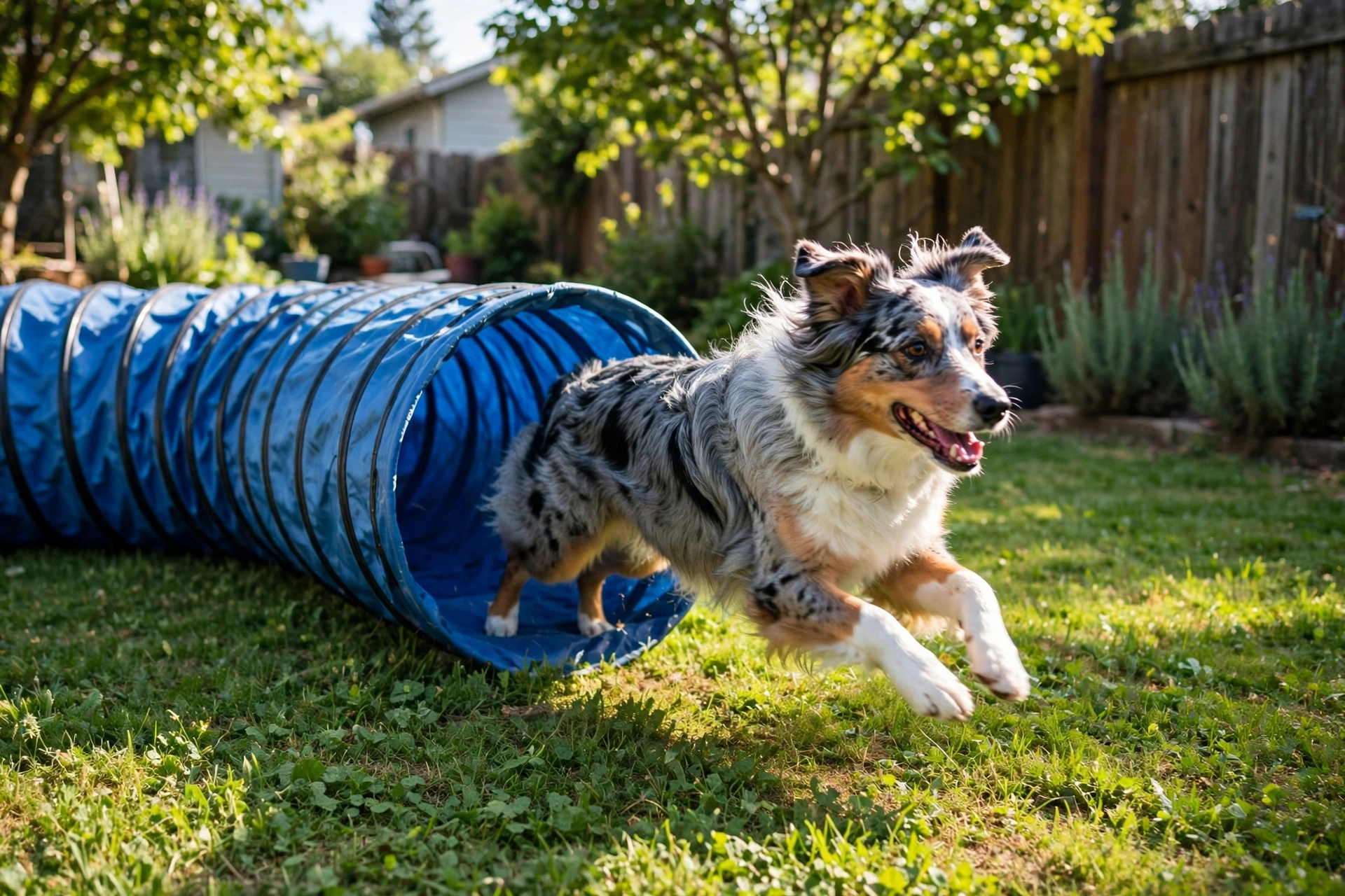 Australian shepherd running through a blue agility tunnel in a backyard