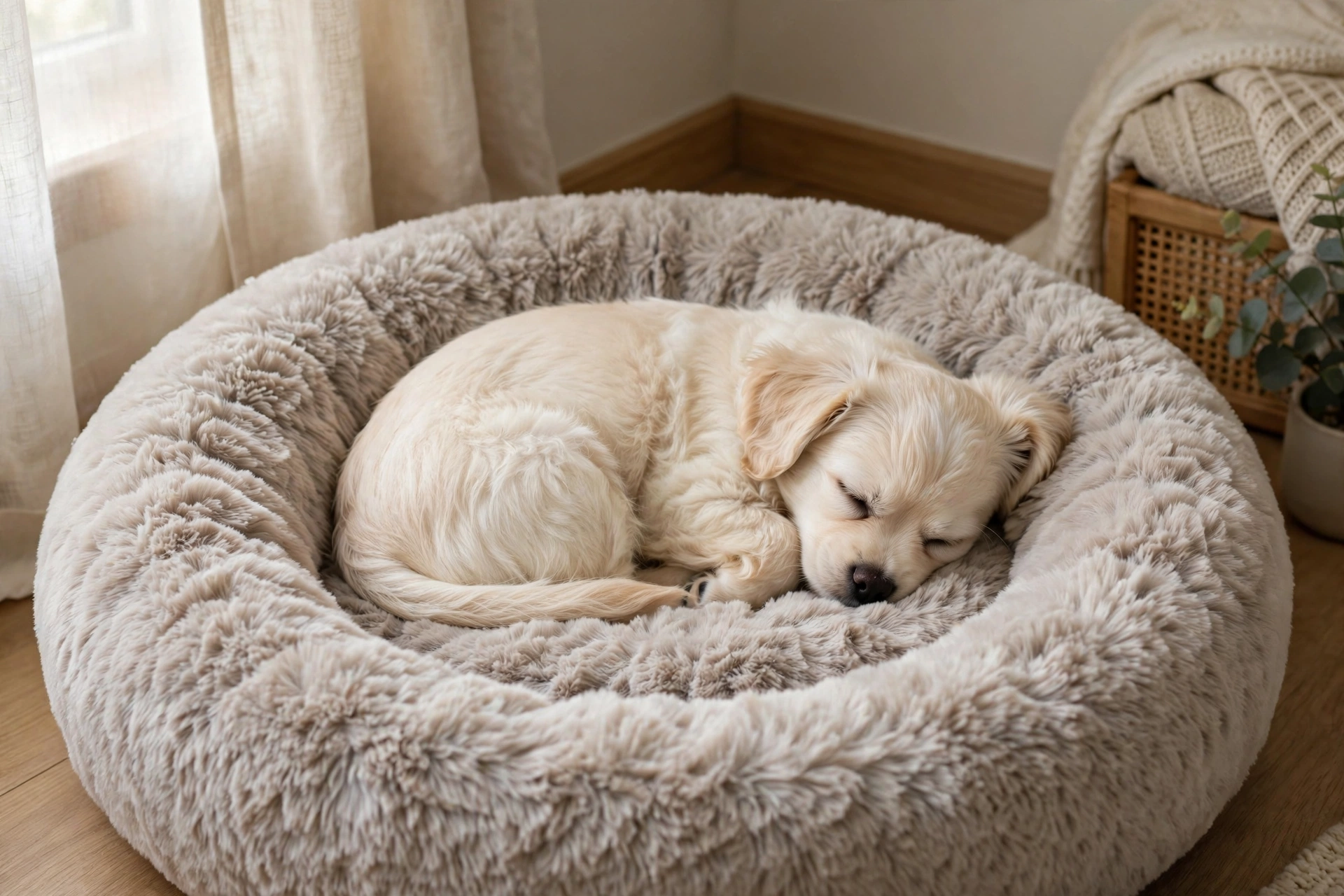 Small dog curled up sleeping in a plush calming donut dog bed