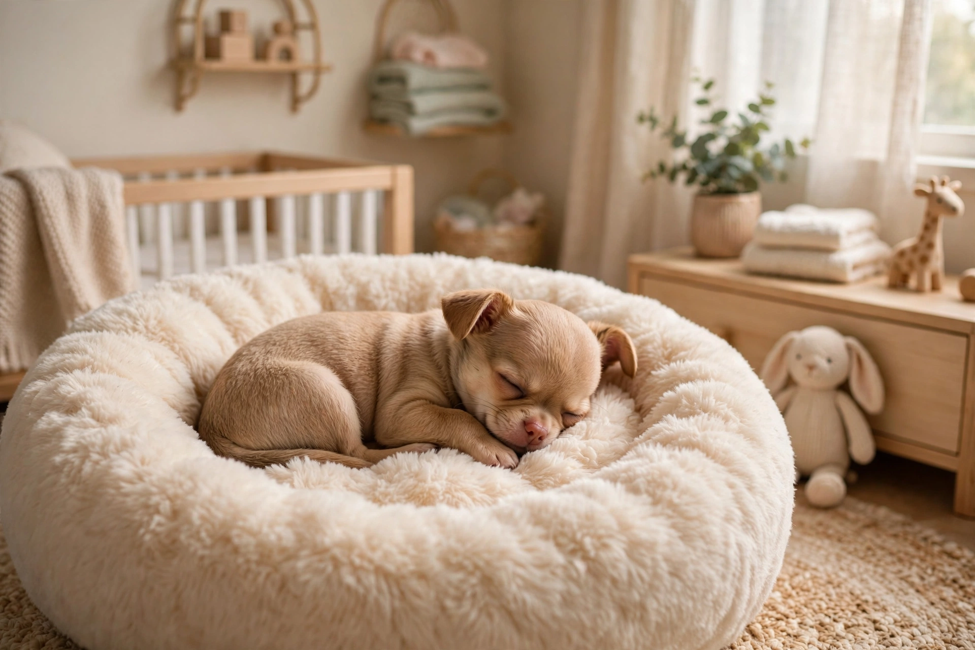 Chihuahua puppy sleeping in a round plush calming donut cuddler dog bed