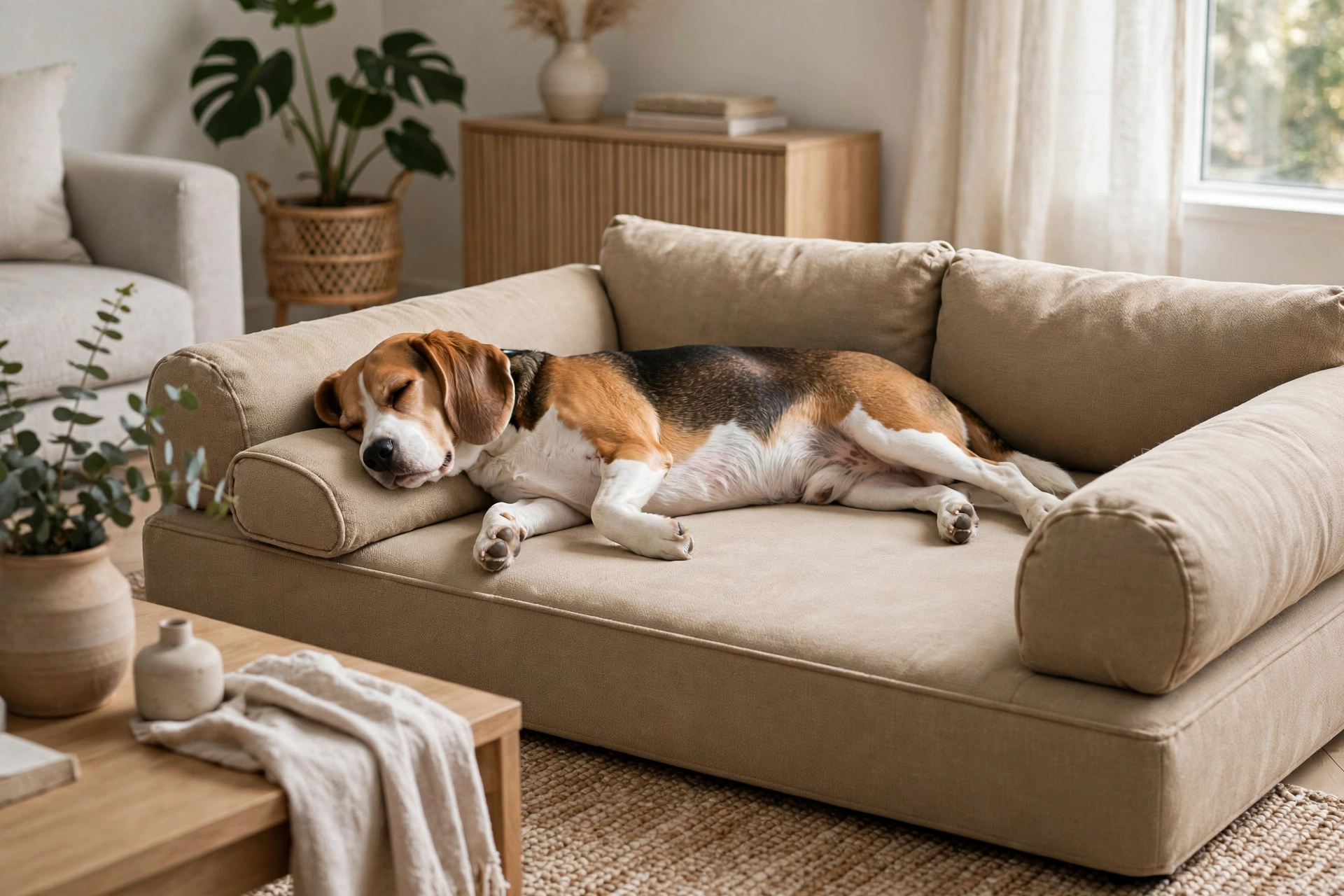 Beagle lounging on a modern sofa-style memory foam dog bed with bolsters