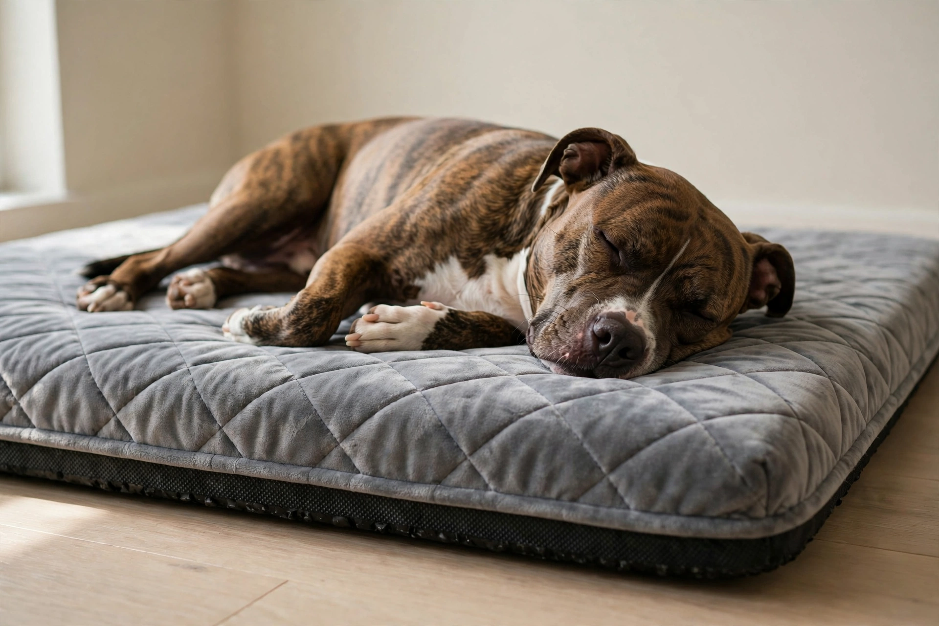 Dog napping on a quilted gray velvet orthopedic flat dog mattress bed