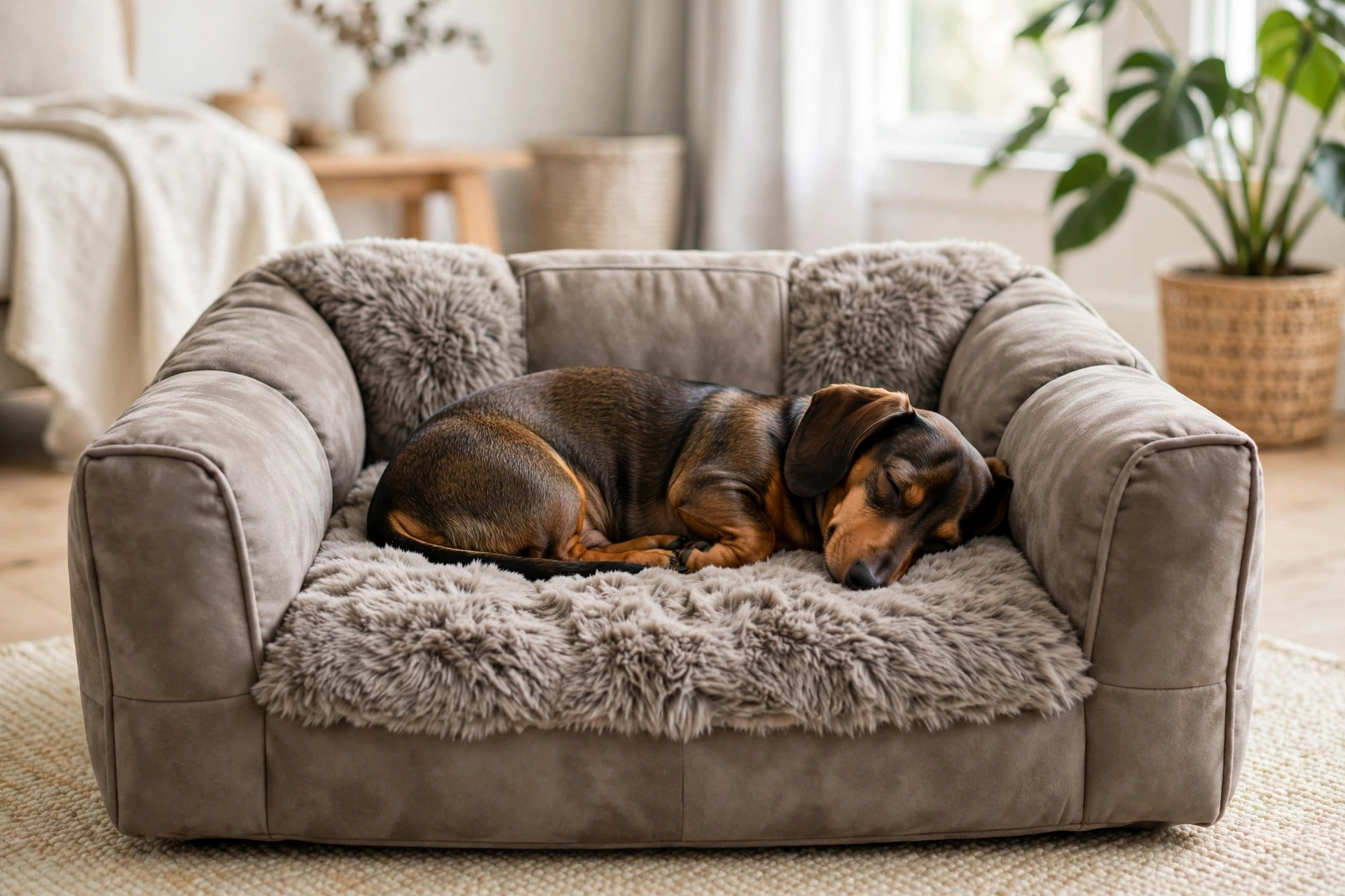 Dachshund curled up on an affordable plush faux fur sofa-style dog bed