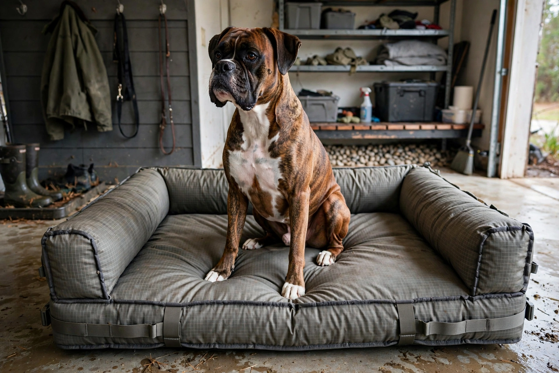 Boxer sitting on a rugged ripstop ballistic fabric orthopedic dog bed