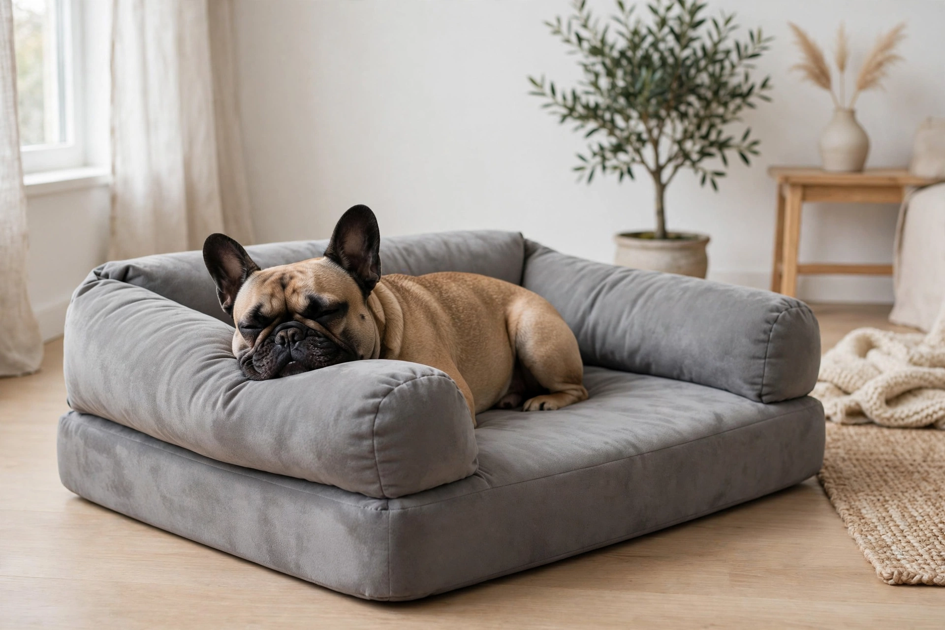 French bulldog resting on a modern designer memory foam dog bed in a stylish living room