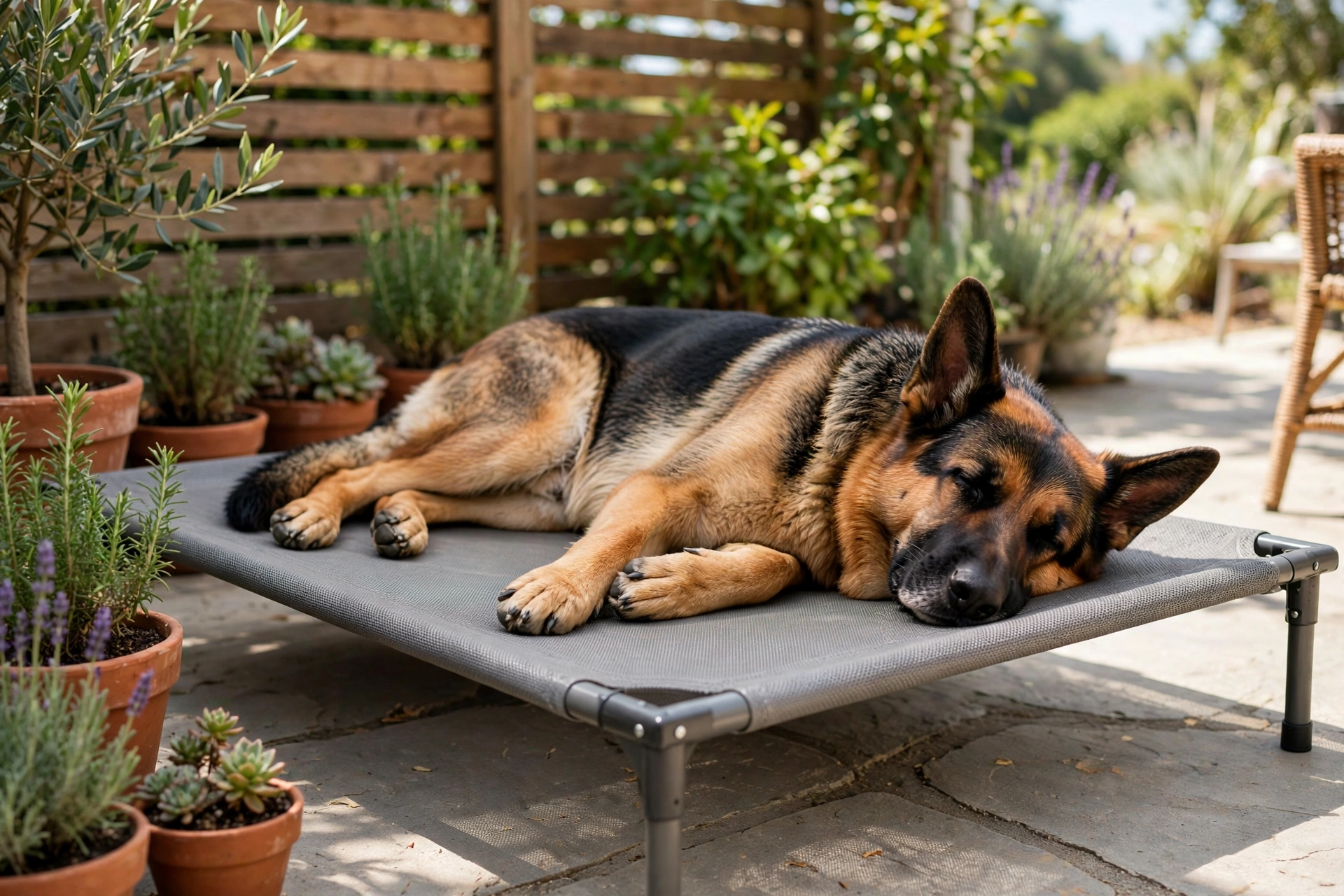 German shepherd lounging on an elevated mesh cooling pet cot bed on a patio