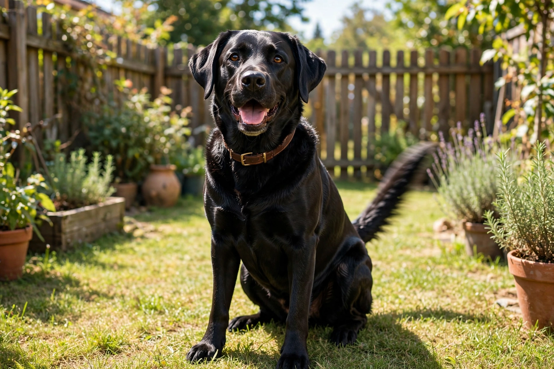 Friendly black Labrador Retriever sitting in a sunny backyard