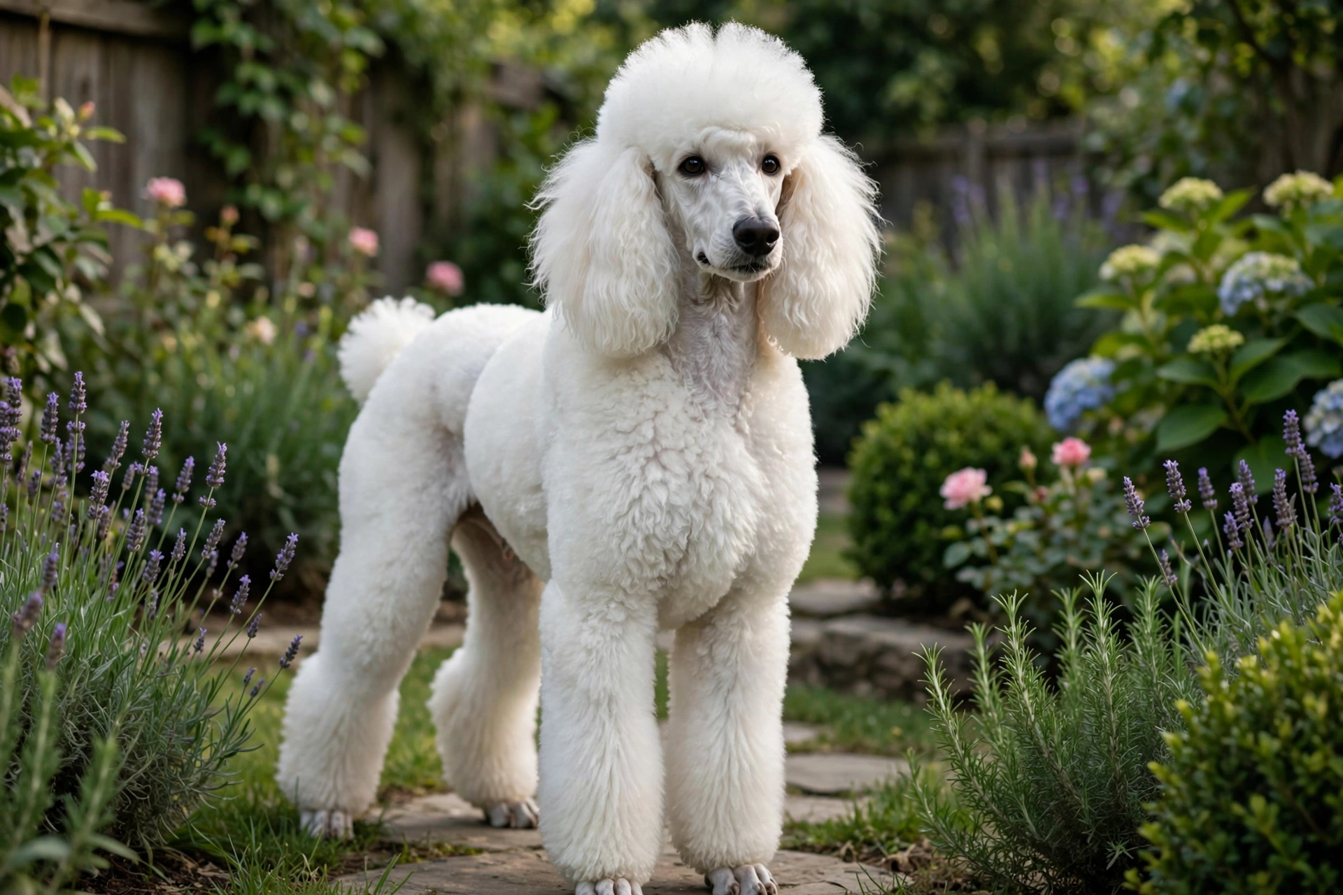 Elegant white standard poodle standing in a garden
