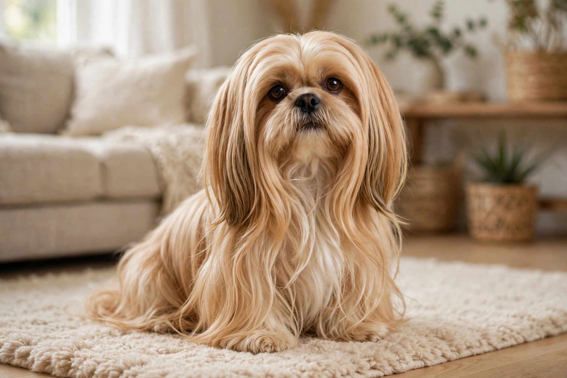 Cute Shih Tzu with long silky golden fur sitting indoors