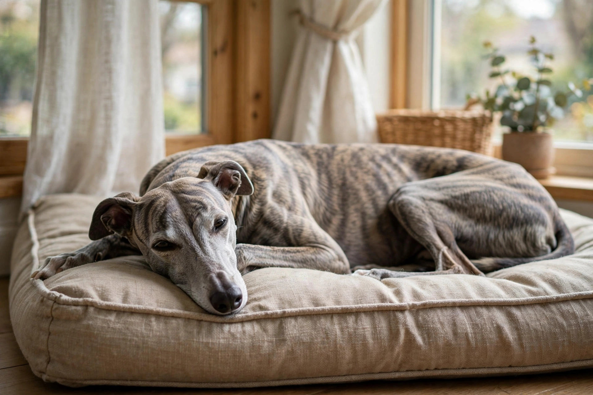 Graceful greyhound lounging peacefully on a dog bed by a window