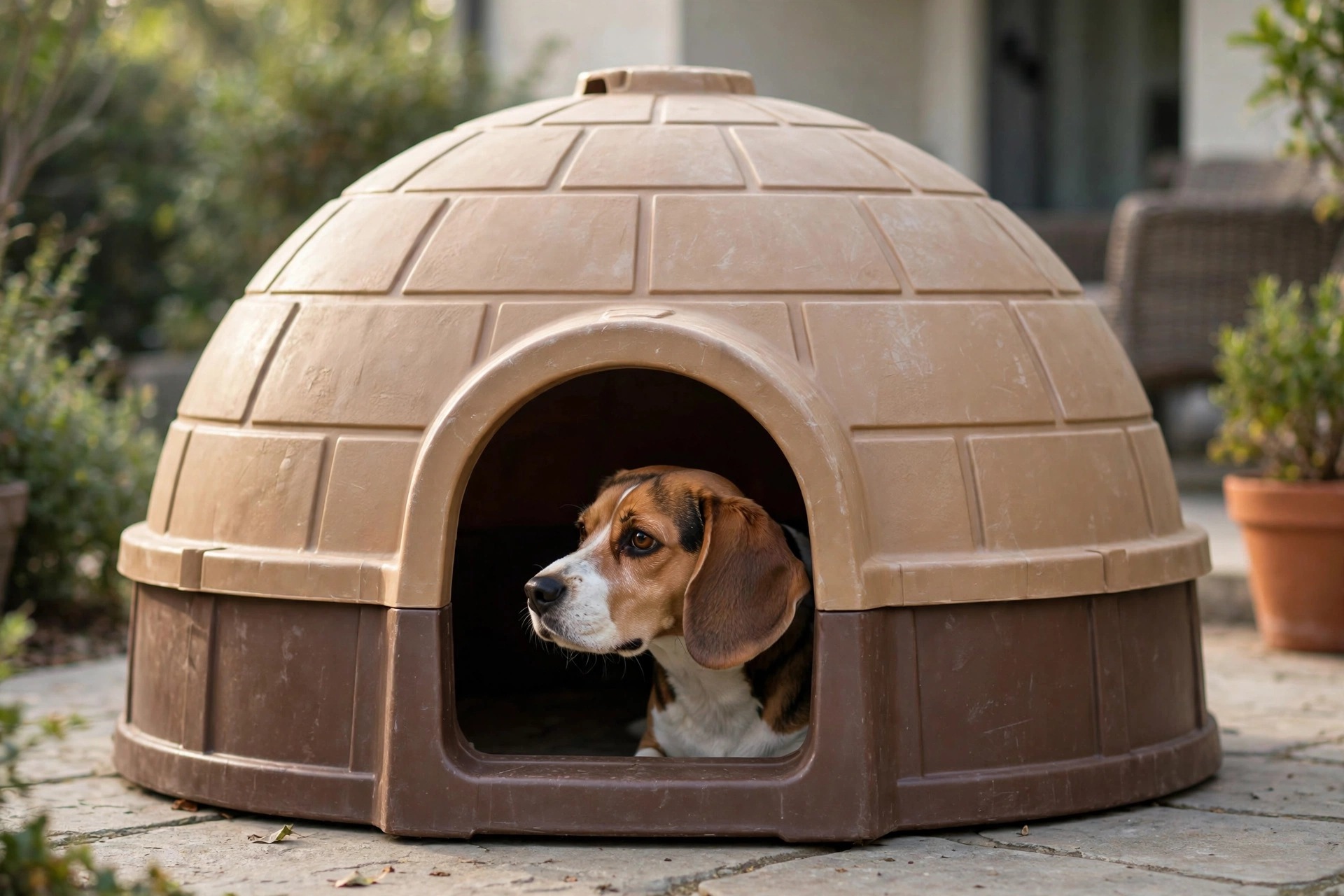 Medium igloo dog house with a beagle peeking out of the doorway