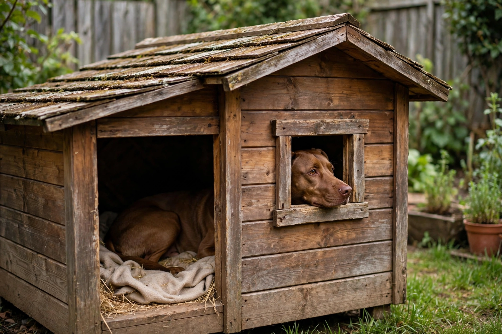 Wooden dog house with a window and a dog resting inside looking out