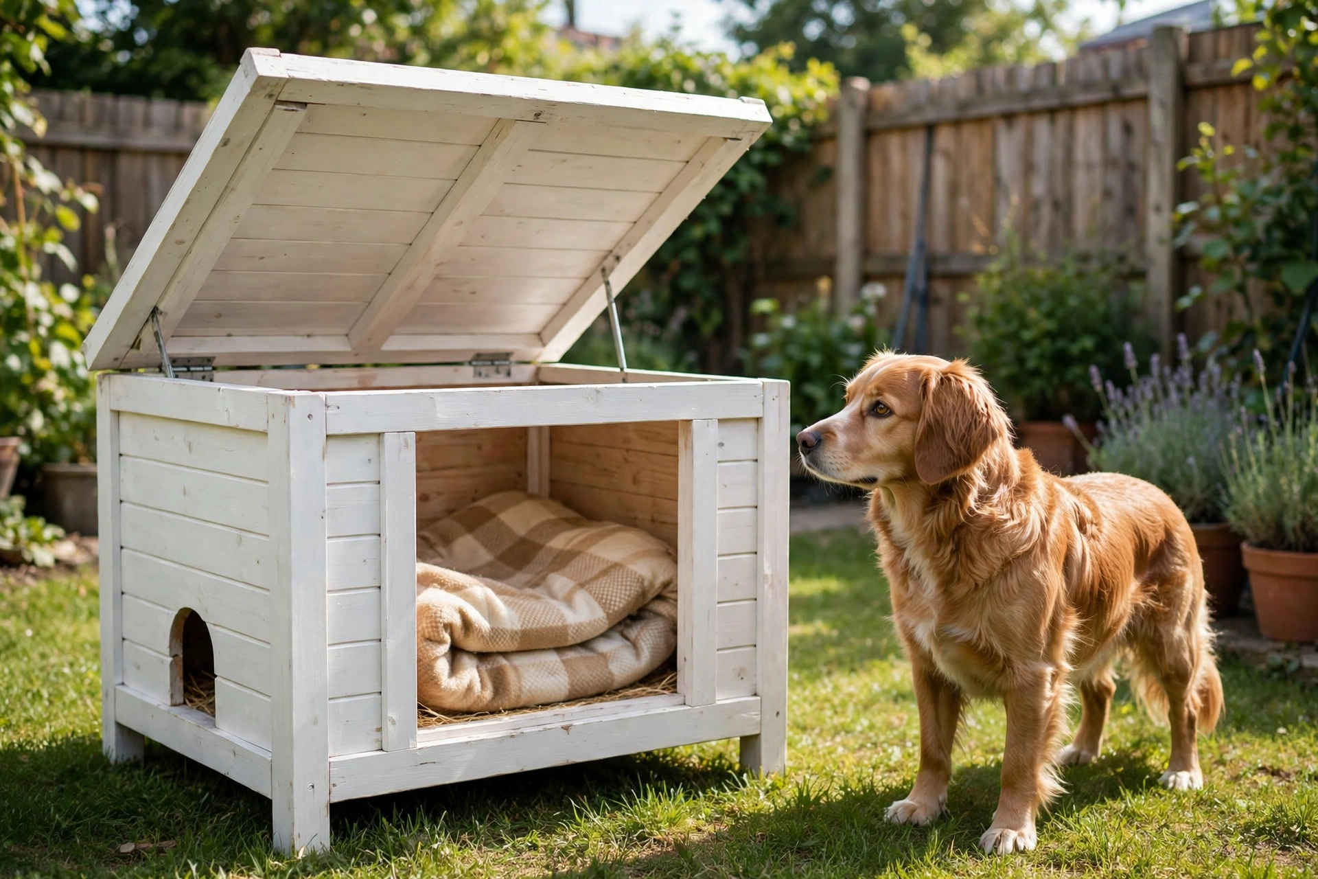 White wooden dog house with its roof lifted open showing a blanket inside