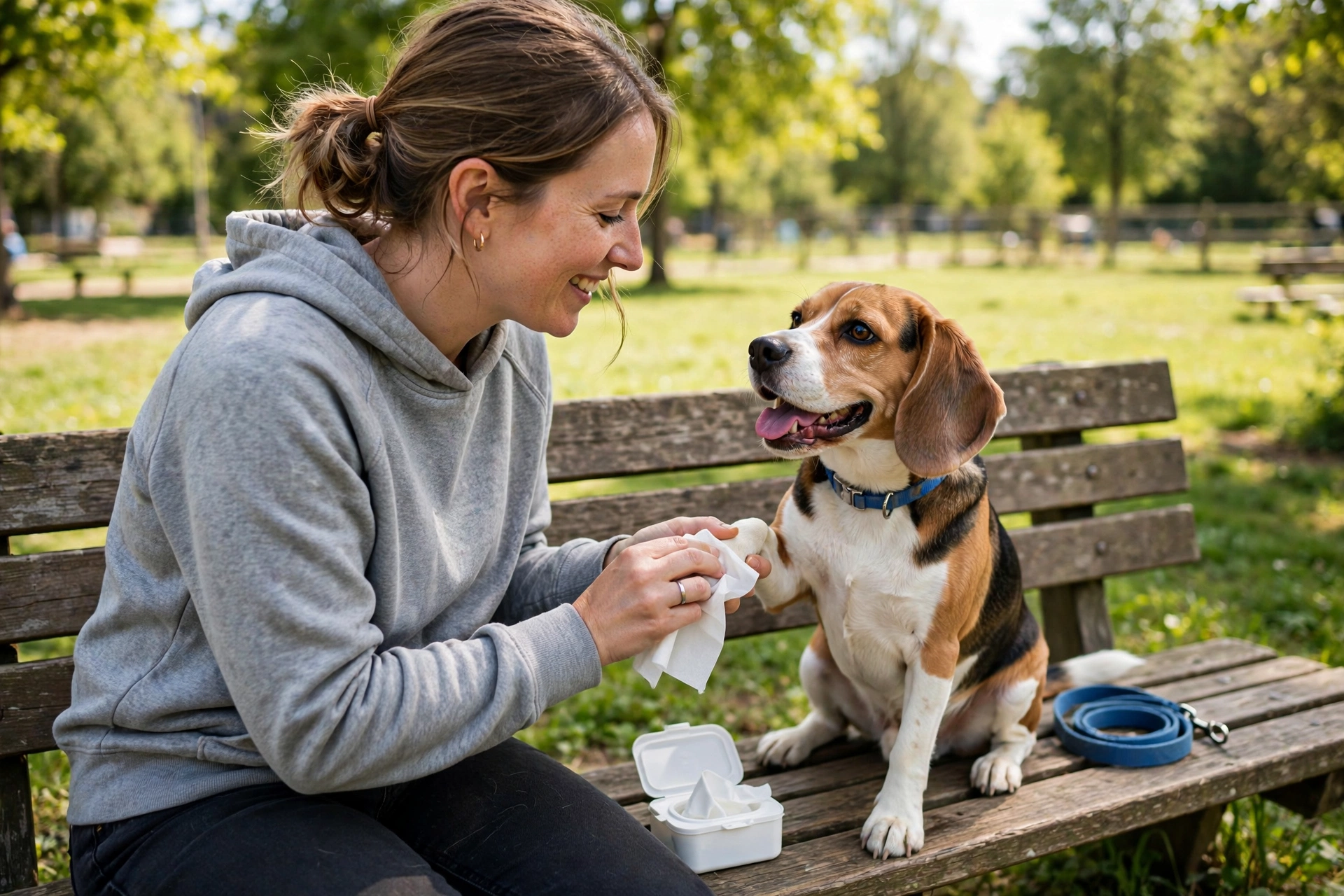 Owner wiping a dog's paws with a pet wipe on a bench at a dog park