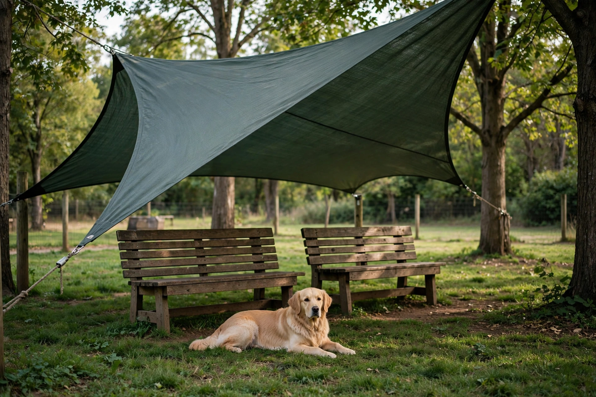 Shaded rest zone with shade sail and benches at a dog park