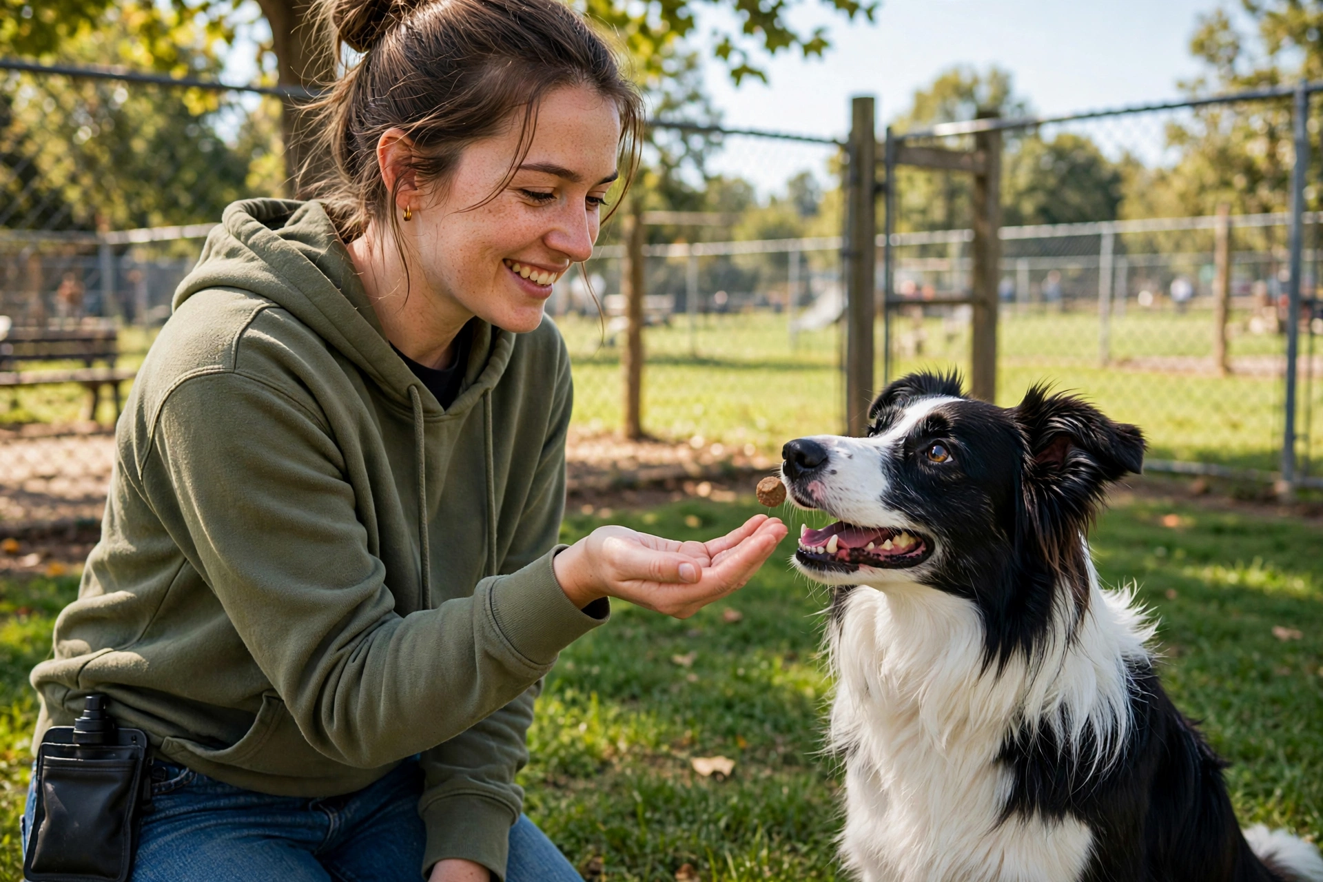 Owner rewarding a dog with a treat at a dog park