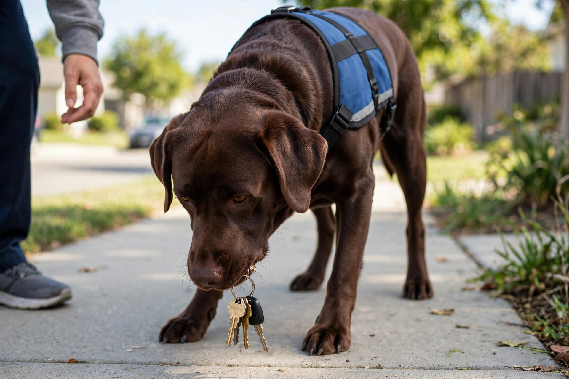 Labrador Retriever service dog retrieving dropped keys for its handler