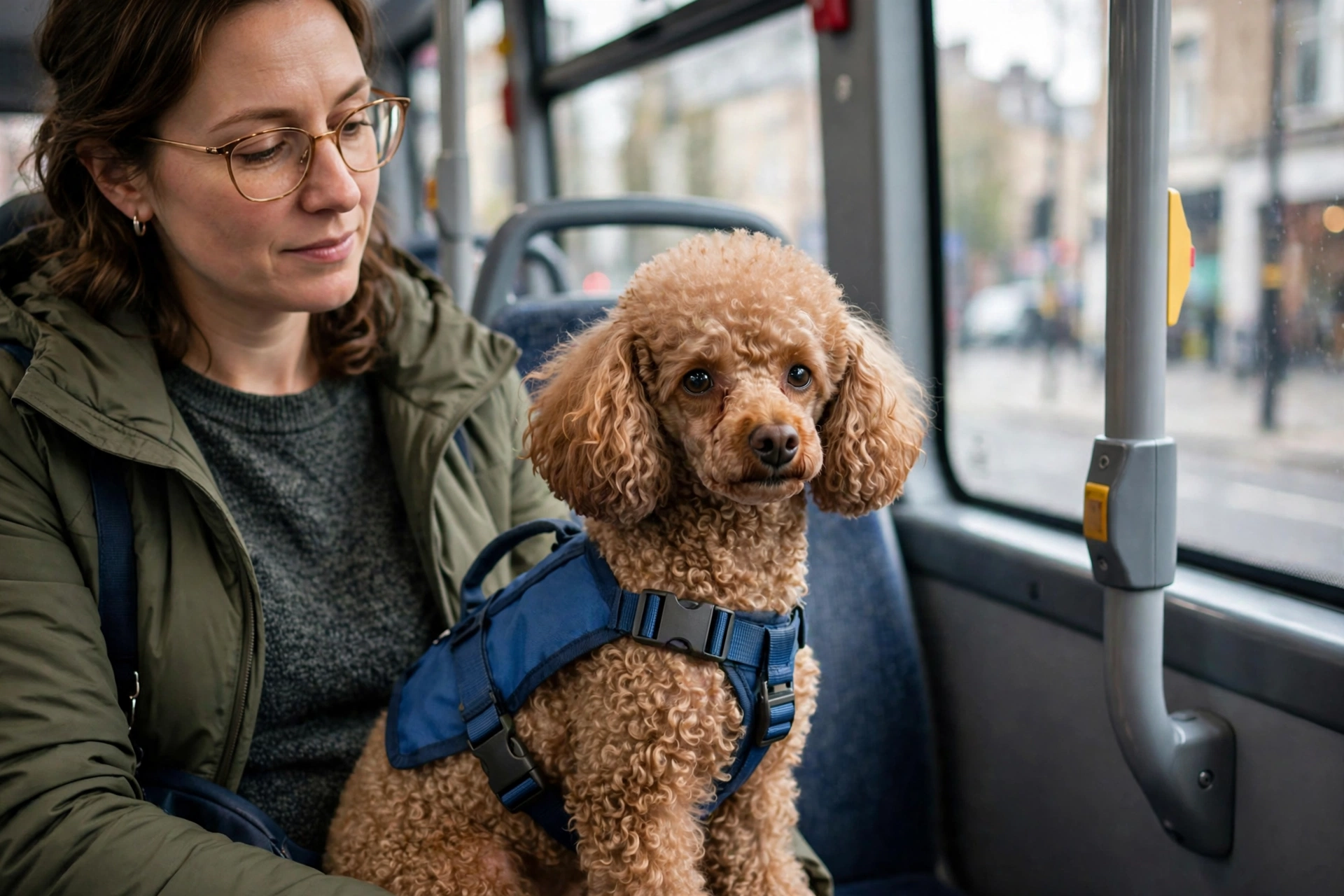 Miniature Poodle service dog in a vest riding calmly on a public bus beside its handler