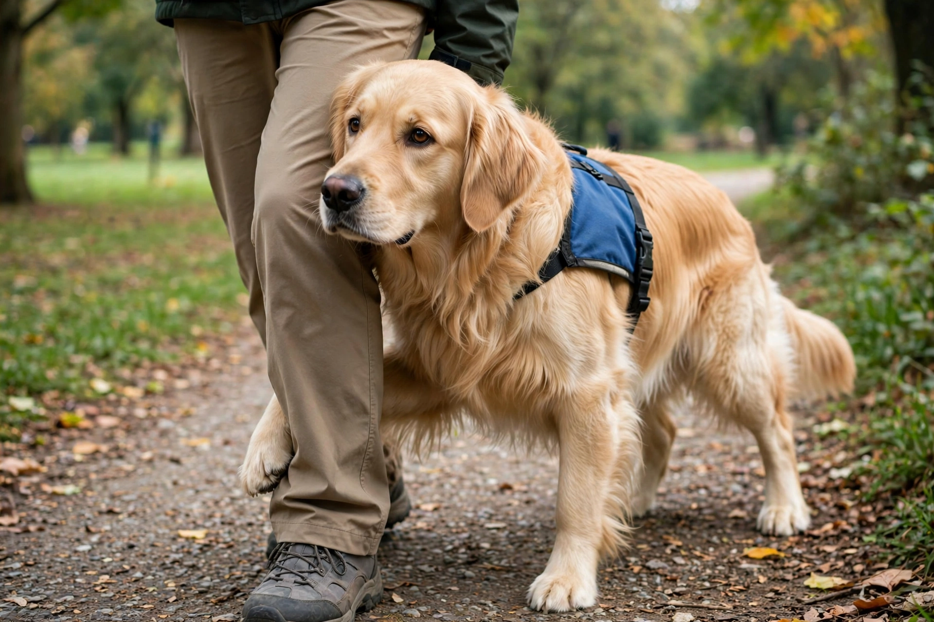 Golden Retriever service dog providing balance support to its handler on a park path