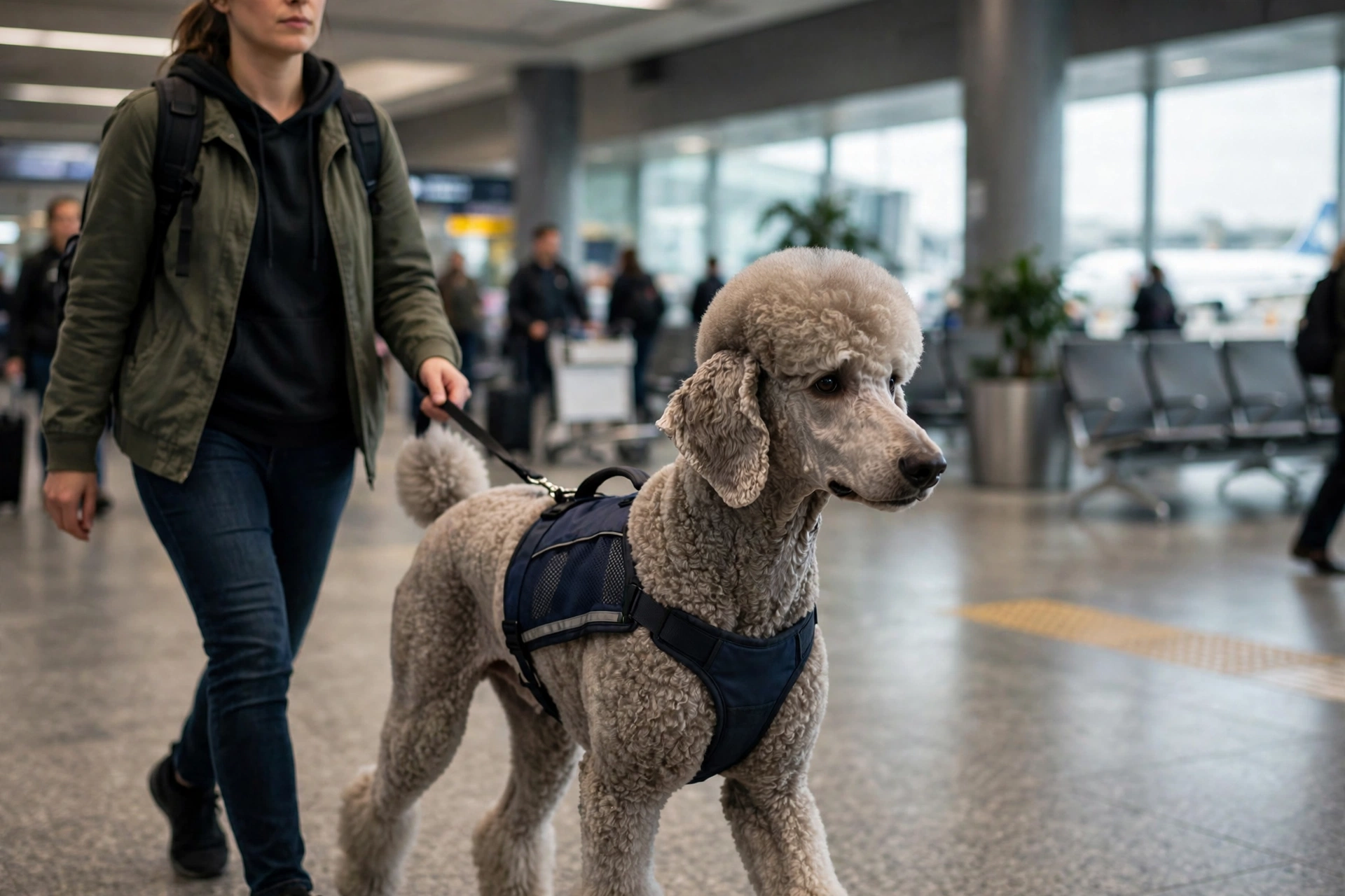 Standard Poodle service dog with a short practical clip walking through an airport terminal