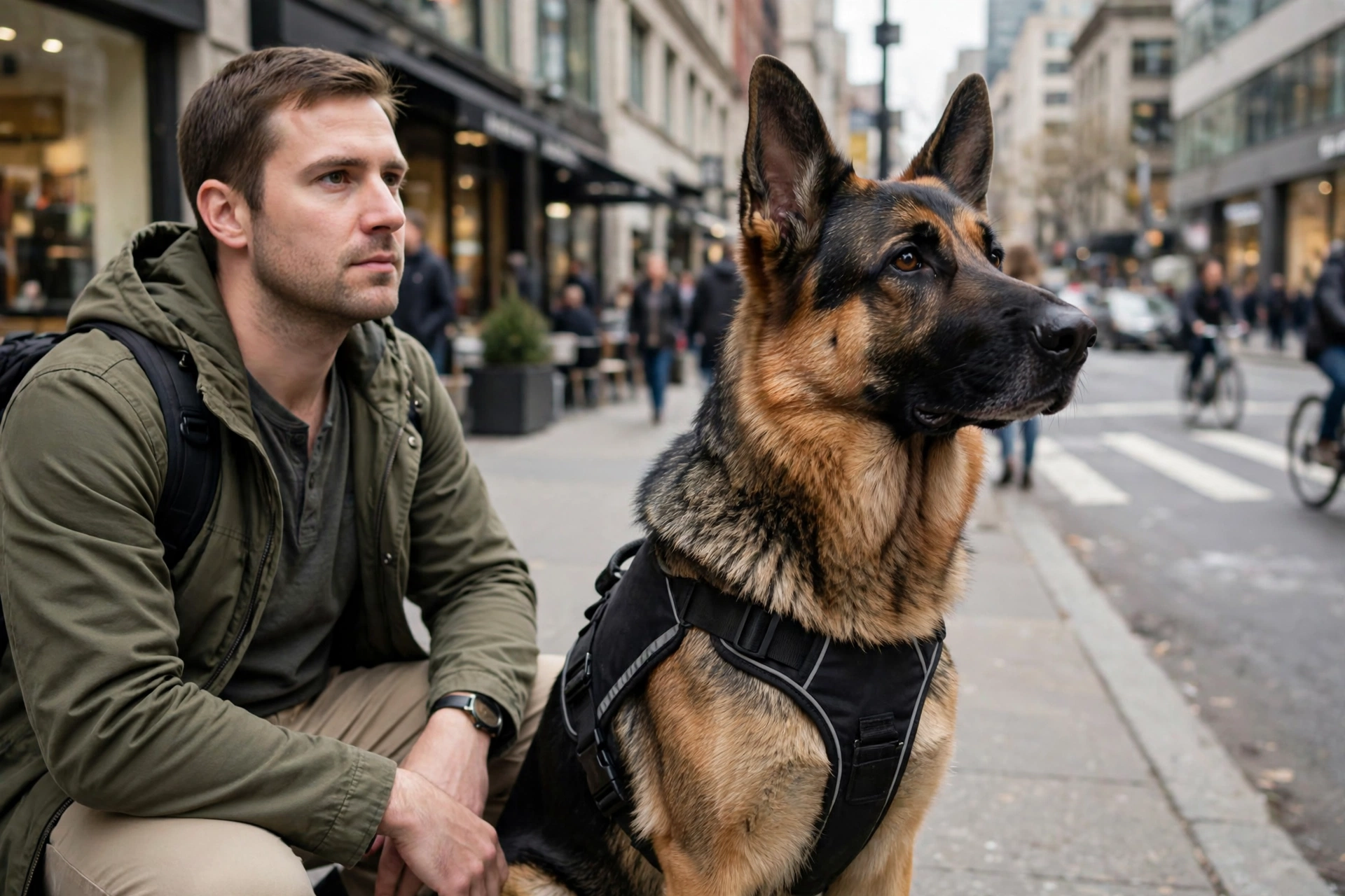 German Shepherd service dog in a vest sitting alertly beside its handler on a city street