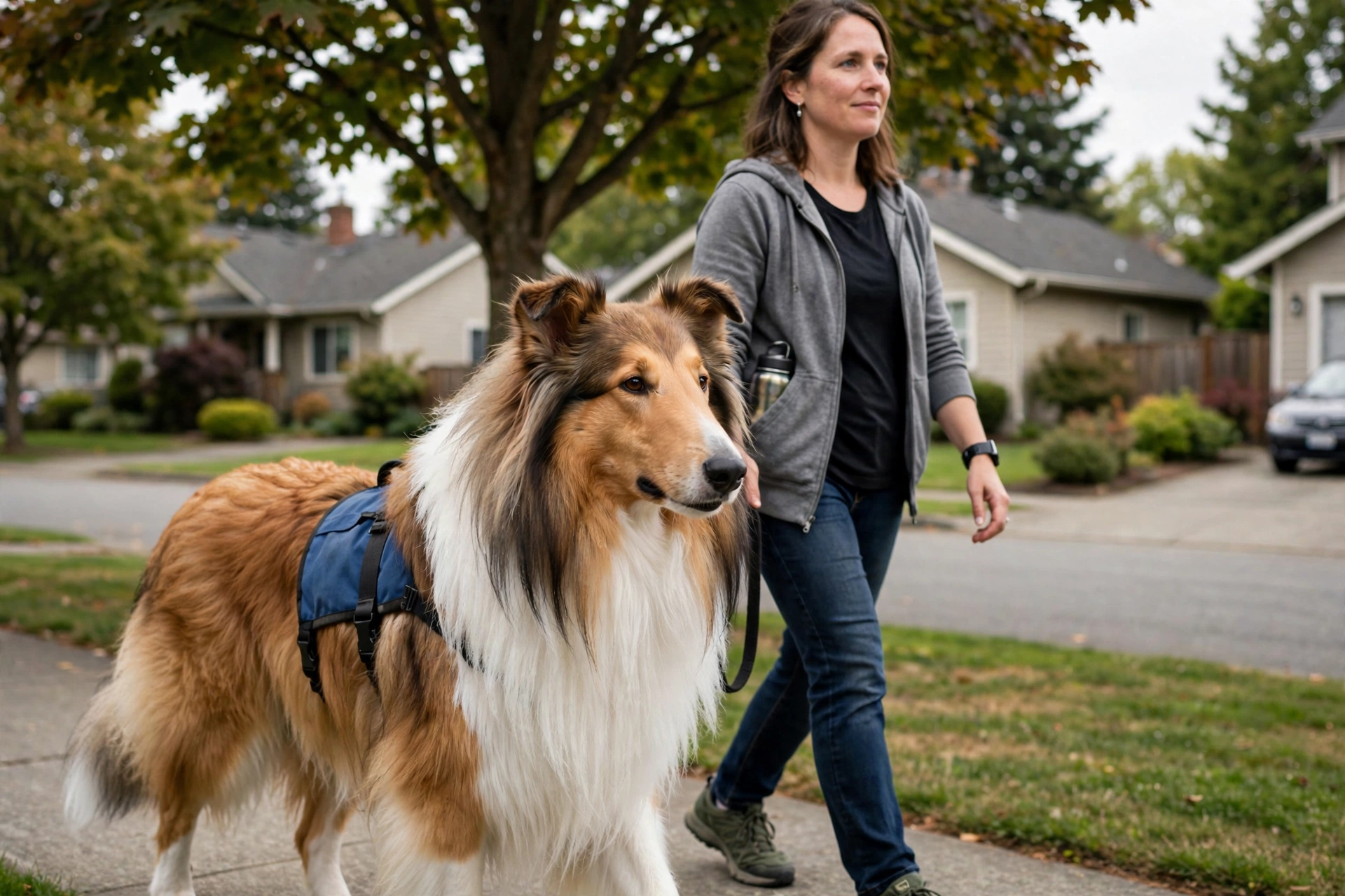 Rough Collie service dog walking calmly beside its handler in a suburban neighborhood