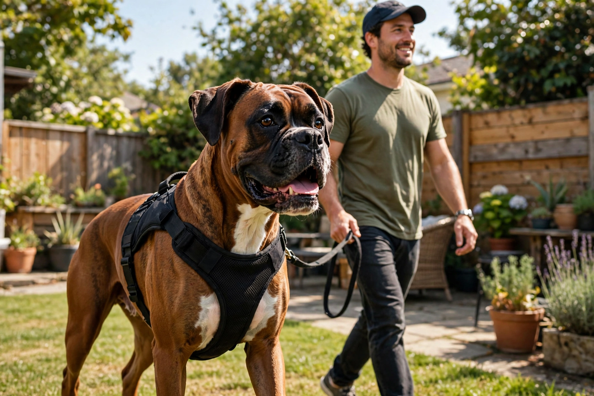 Boxer service dog in a vest walking beside its handler in a sunny backyard