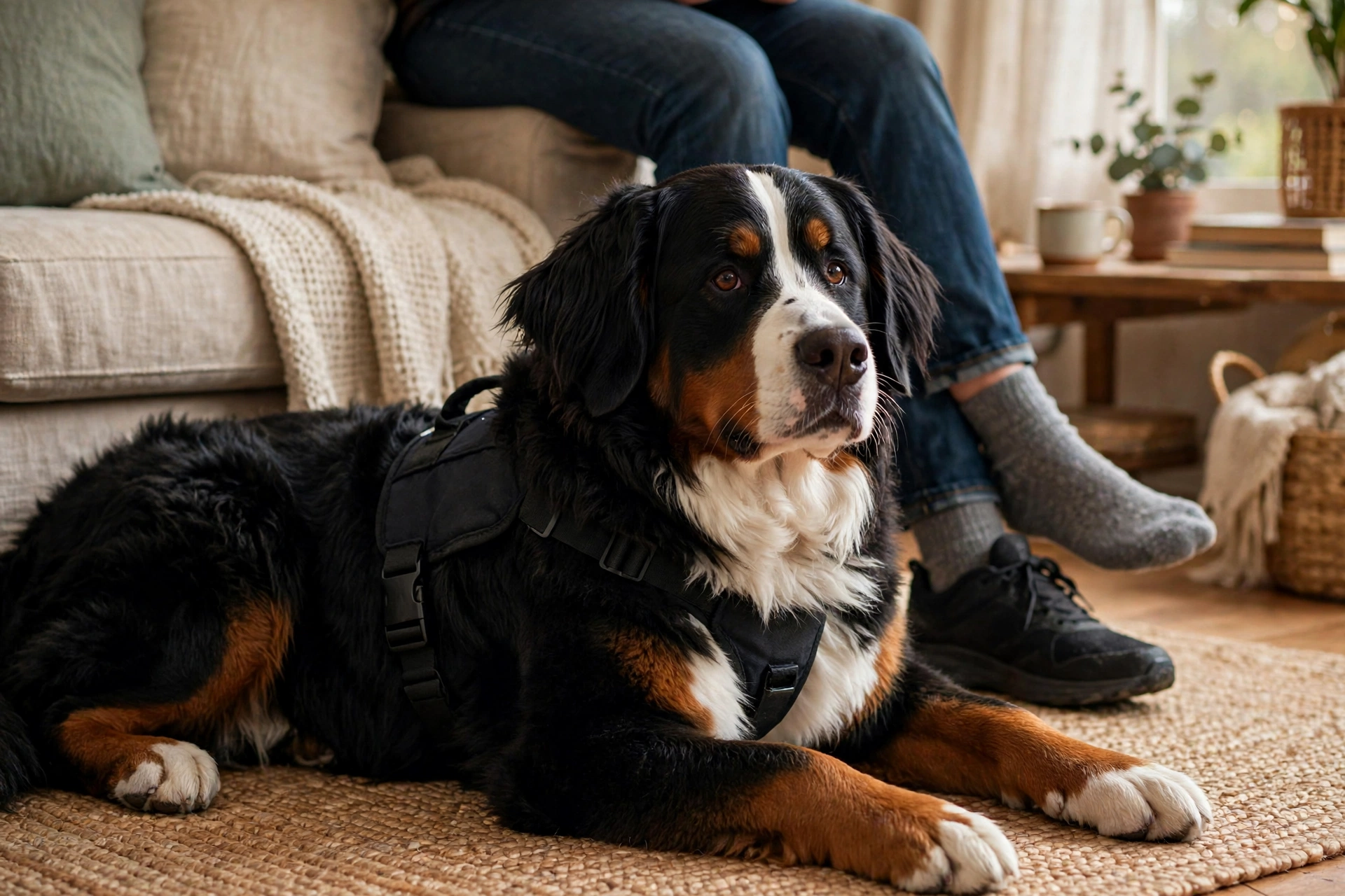 Bernese Mountain Dog service dog resting calmly at its handler's feet in a living room