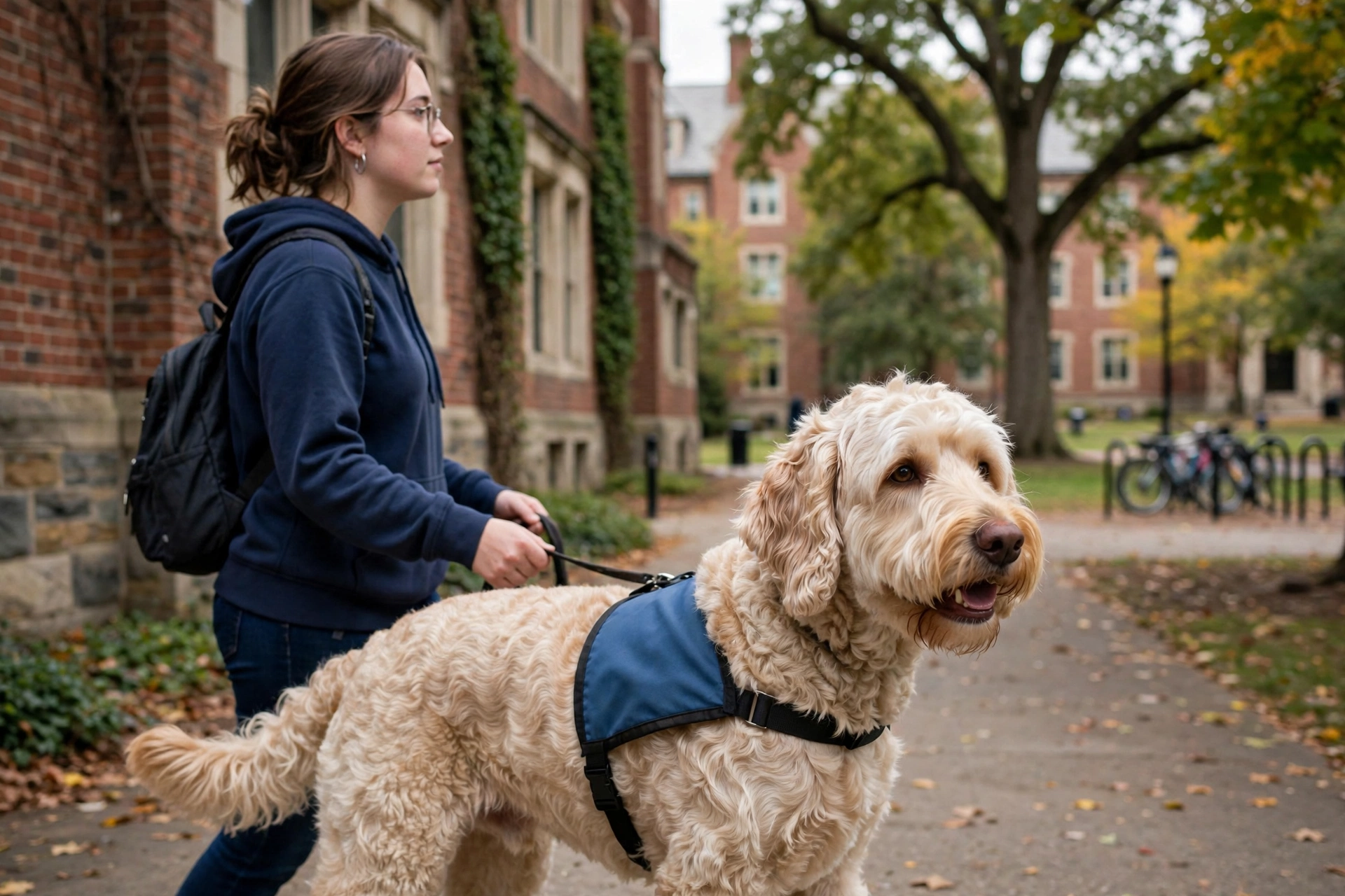 Labradoodle service dog with a wavy low-shed coat walking beside its handler on a campus