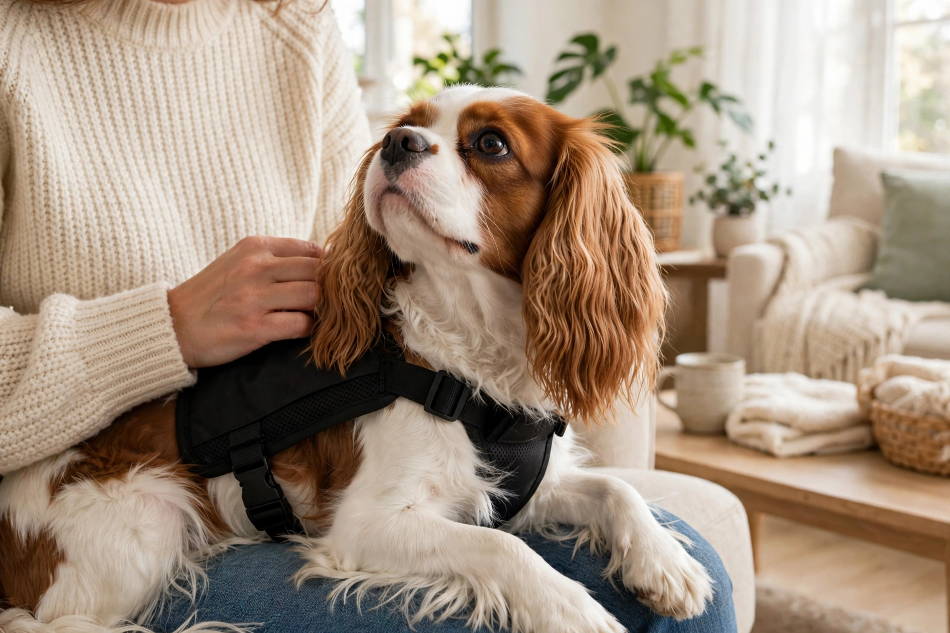 Cavalier King Charles Spaniel small service dog sitting on its handler's lap providing comfort