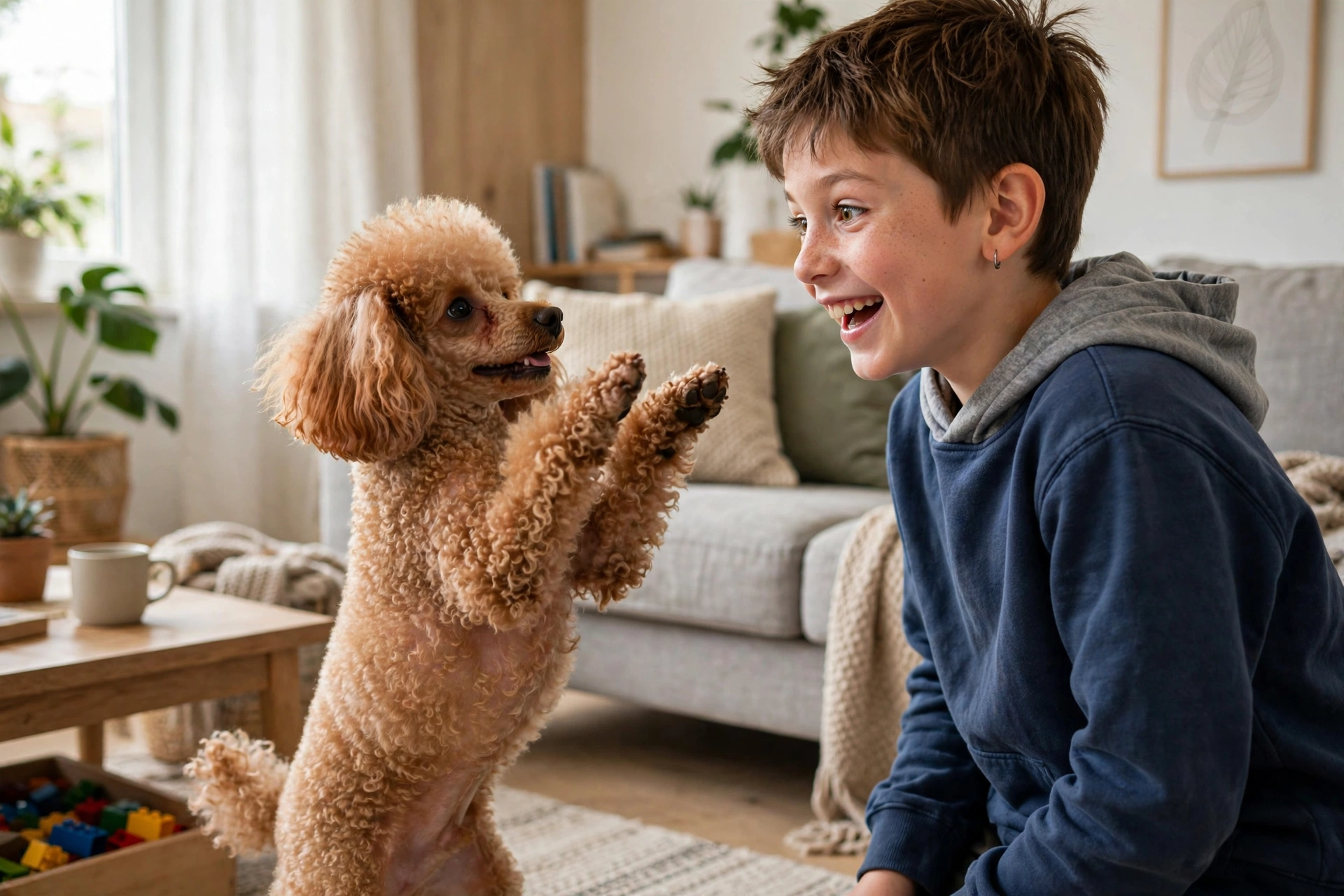 Miniature Poodle doing a trick for a delighted young boy in a living room