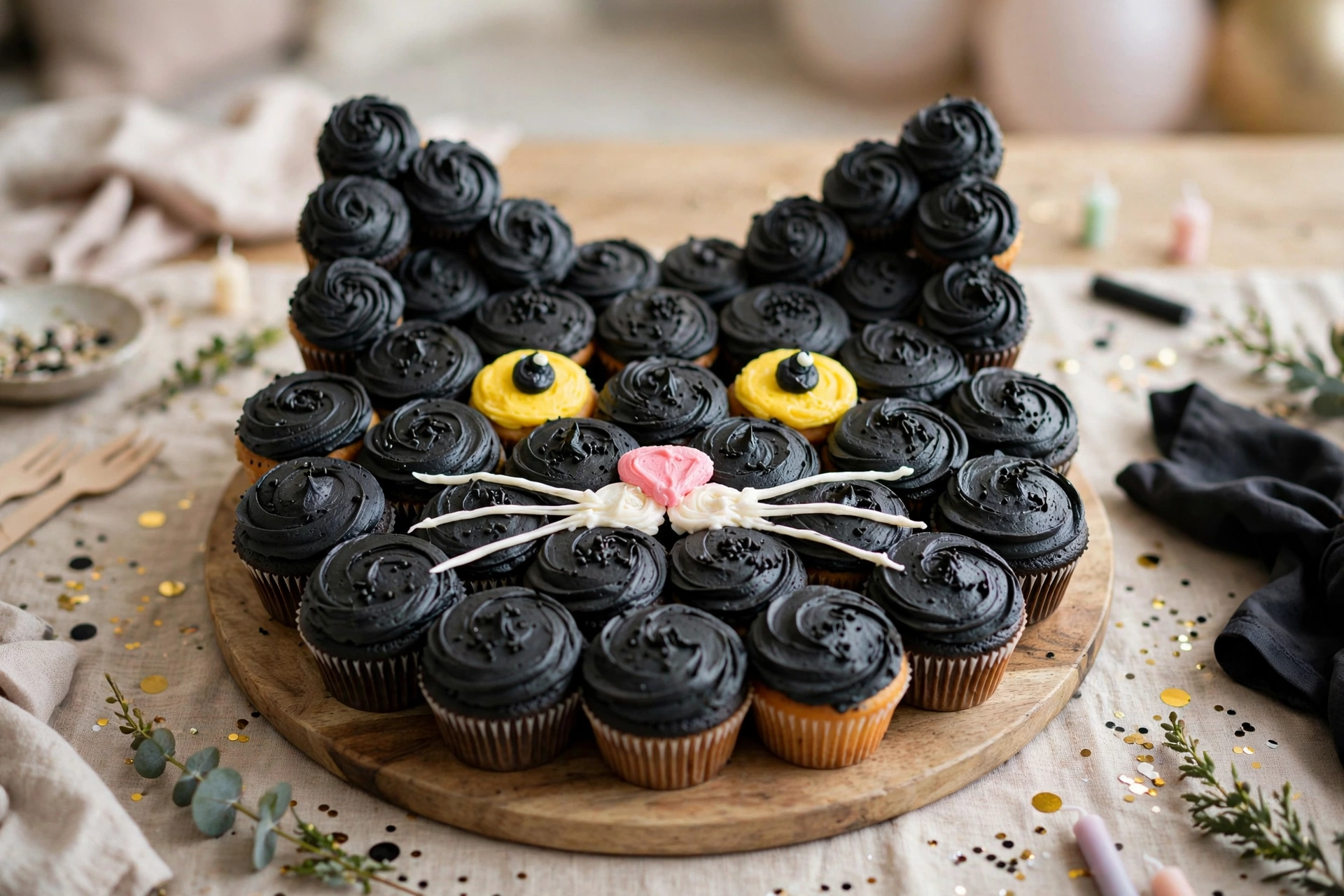 Black cat pull-apart cupcake cake arranged in a cat face shape with yellow eyes