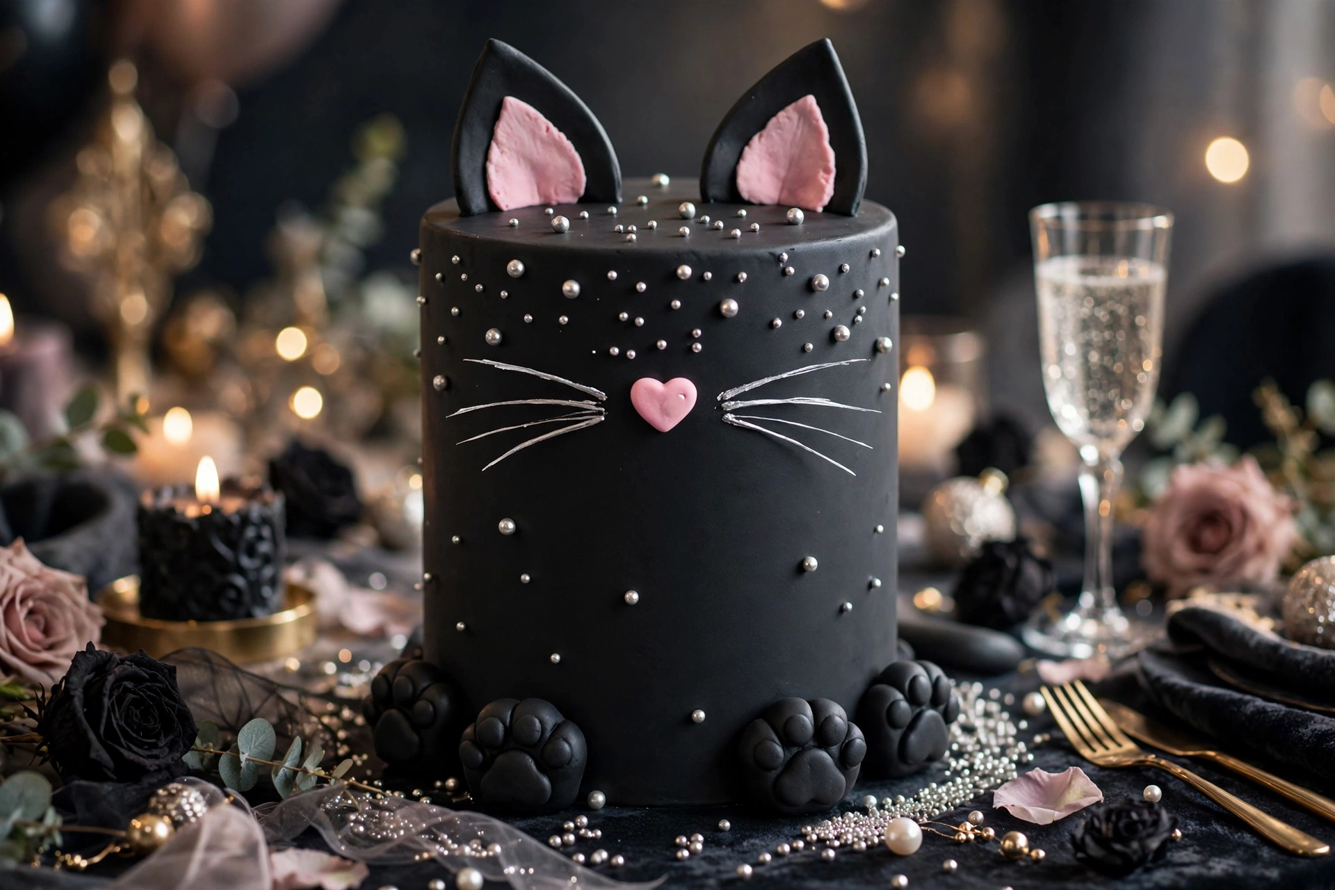 Tall matte black cat cake with pink fondant paws, silver whiskers and sugar pearls