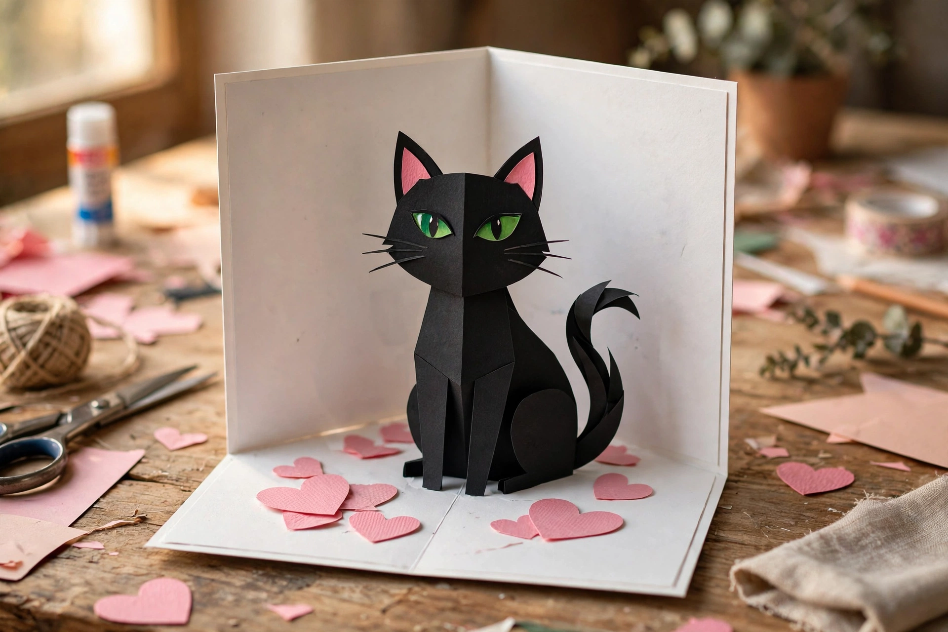 Handmade pop-up black cat birthday card with pink hearts
