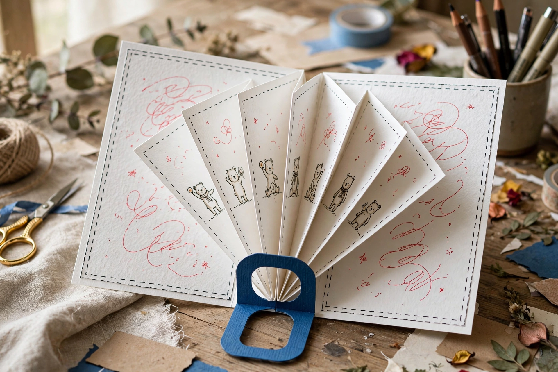 Handmade pull-tab accordion birthday card with tiny illustrations